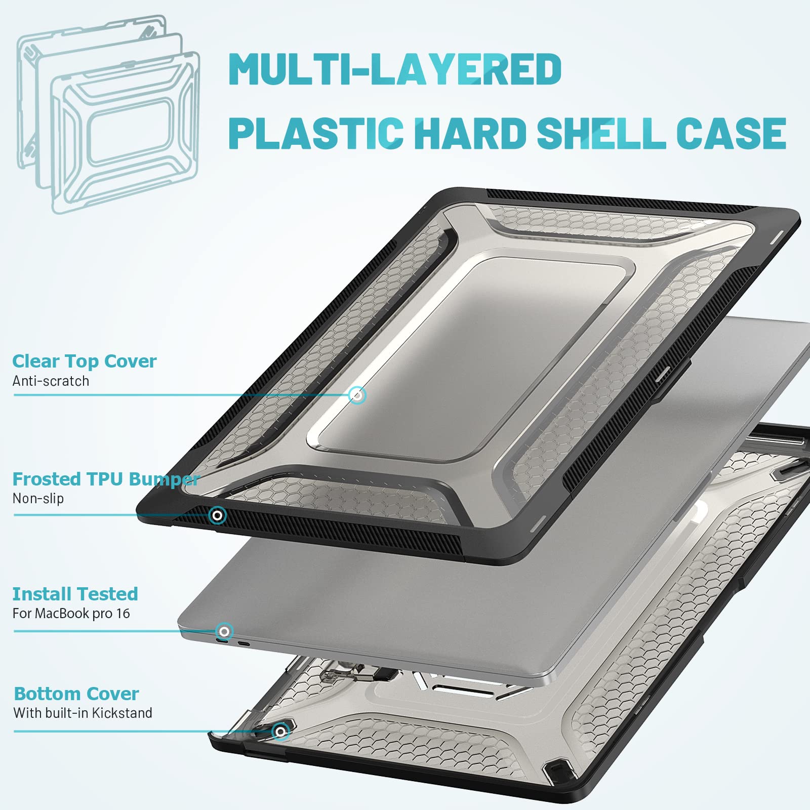 UESWILL Custodia pieghevole con cavalletto per MacBook Pro 16" (2019/2020) modello A2141 con Touch Bar e USB-C, protezione completa a nido d'ape, copertura resistente, nera
