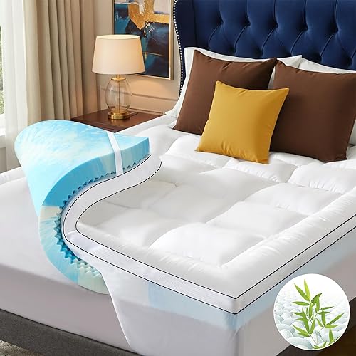 Queen Size Dual Layer 4 Inch Memory Foam Mattress Topper, 2 Inch Fluffy Soft Pillow Top Mattress Pad Cover and 2 Inch Gel Memory Foam for Back Pain Relief, Breathable, Cooling