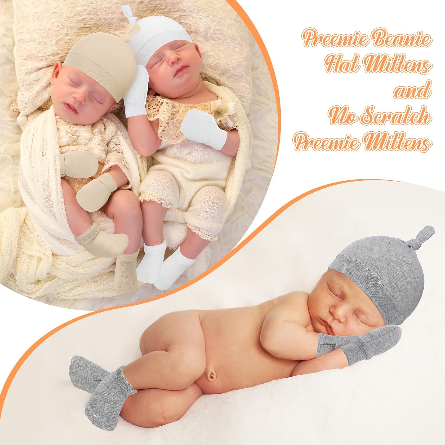 Ramede 4 Pack Preemie Hats Mitten and Socks Set Cotton Preemie Cap No Scratch Mittens Warm Terry Socks for Girls Boys