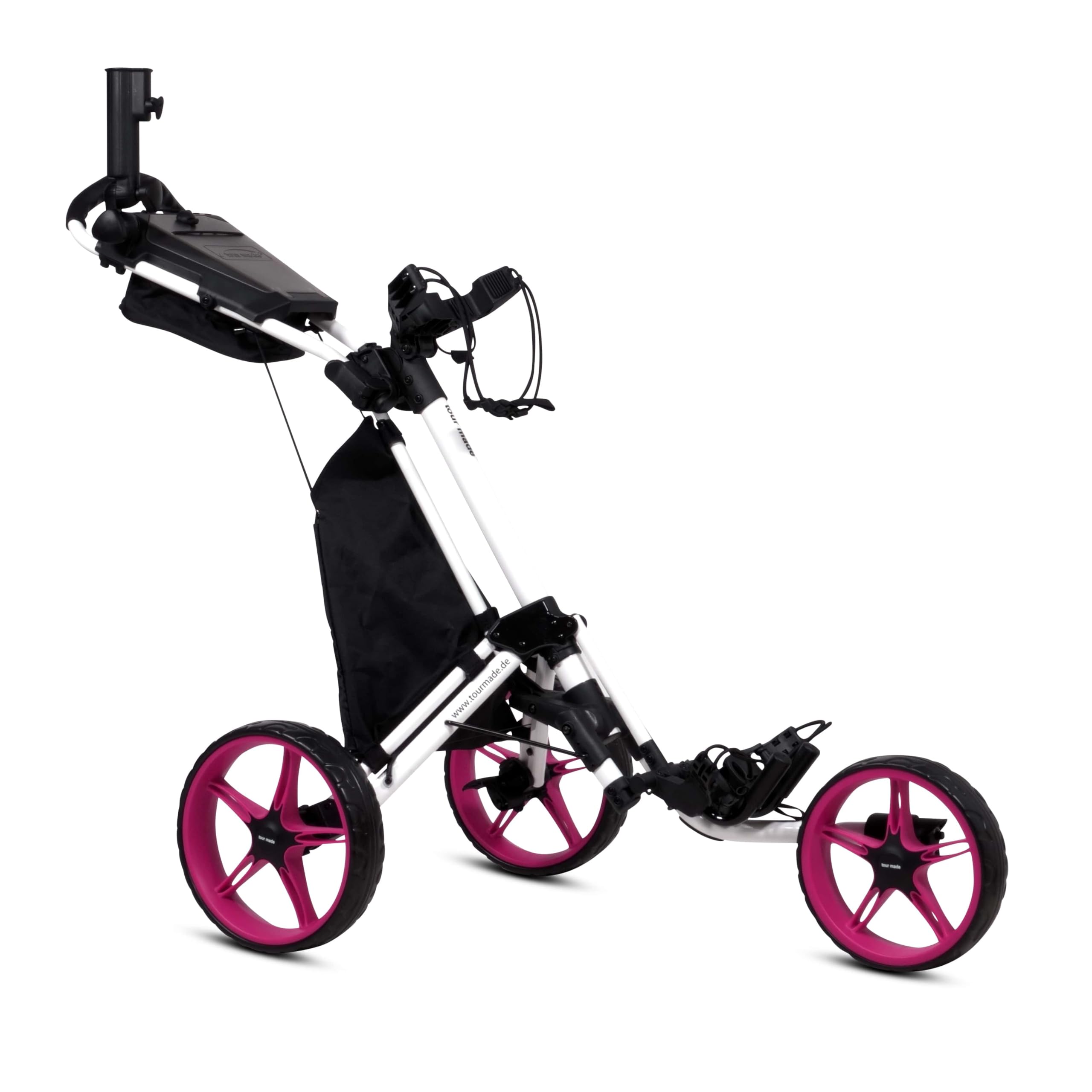 tour-made RT-140 & RT-150 & RT-160 I Push Golf Trolley Foldable 3 Wheels I Load up to 25 kg - Strong Aluminium Frame I German Quality I Many Accessories Included (140-WHITE-PINK)