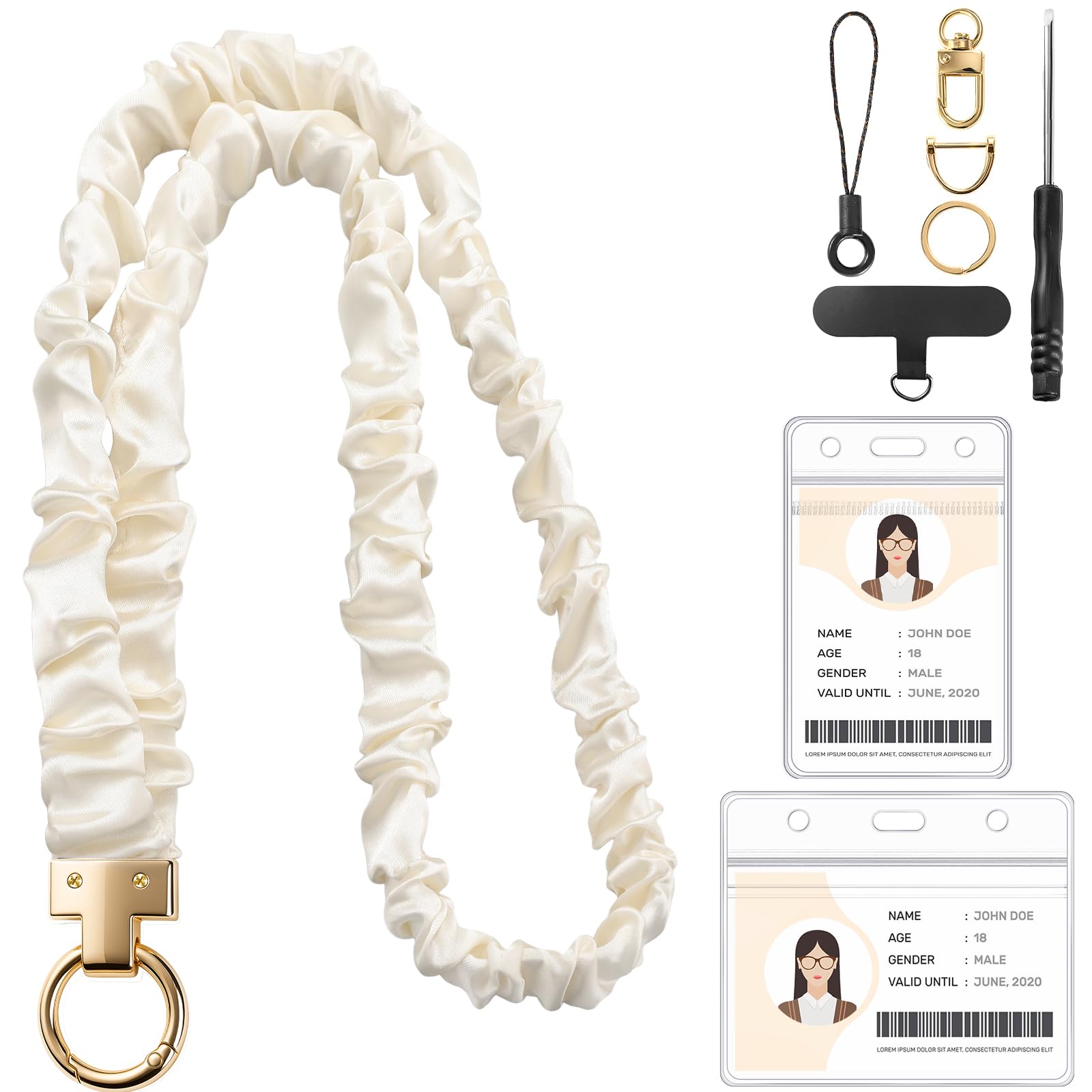 Prudiut Scrunchie Lanyard For Id Badges With Card Holder & Keychain, Beige — image 1