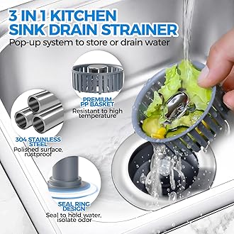 Zaa Upgraded 3in1 Modern Stainless Steel Kitchen Sink Drain Strainer & Stopper with Anti-Clogging Basket, Fit US Standard 3-1/2'' Sink Drain Hole, Silver