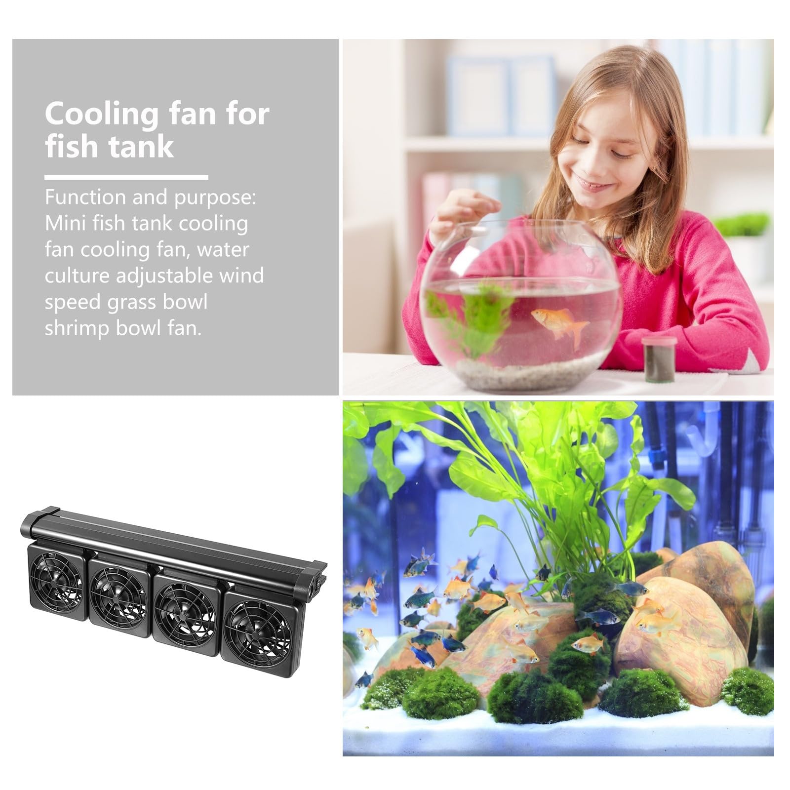 Ventilador de Enfriamiento para Acuario Negro de 4 Cabezales Ajustable | Fiesta Verano, Plástico y Aleación de Aluminio, Ac220 a 12v, Cable 120cm, Sujeción 1, 2cm