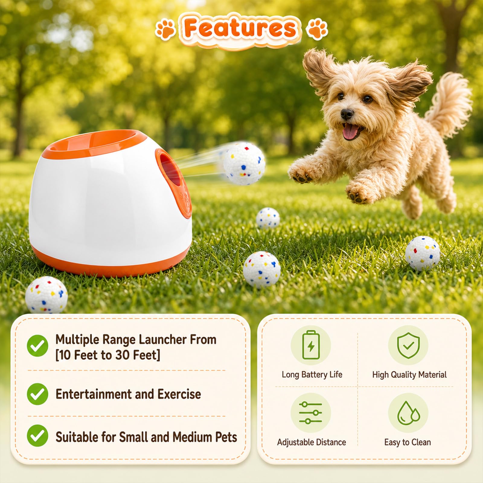 Jouet automatique pour chien avec 3 distances (3-9 m), lanceur de balle interactif pour petits chiens, lanceur de balle électrique pour intérieur et extérieur, 6 balles de maintien incluses, 110-240 V
