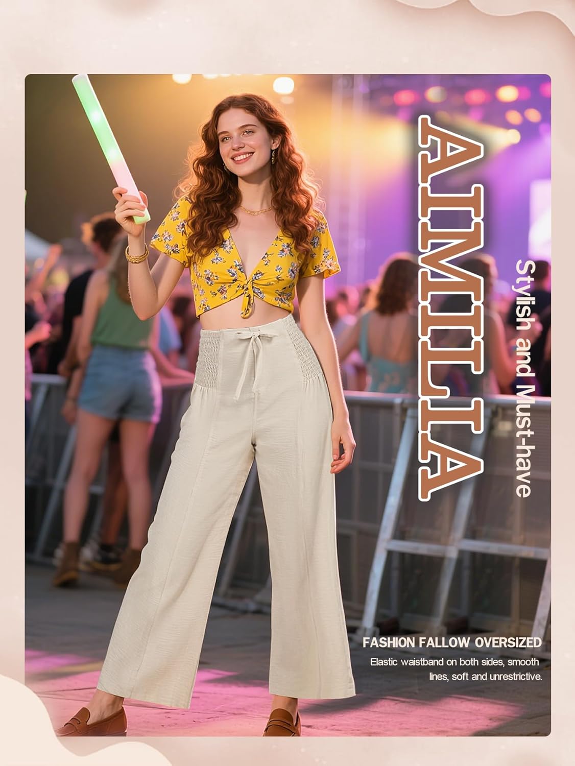 Women's High Waist Casual Palazzo Pants Drawstring Smocked Boho Wide Leg Beach Trousers Flowy Loose Fit Pant - Image 2