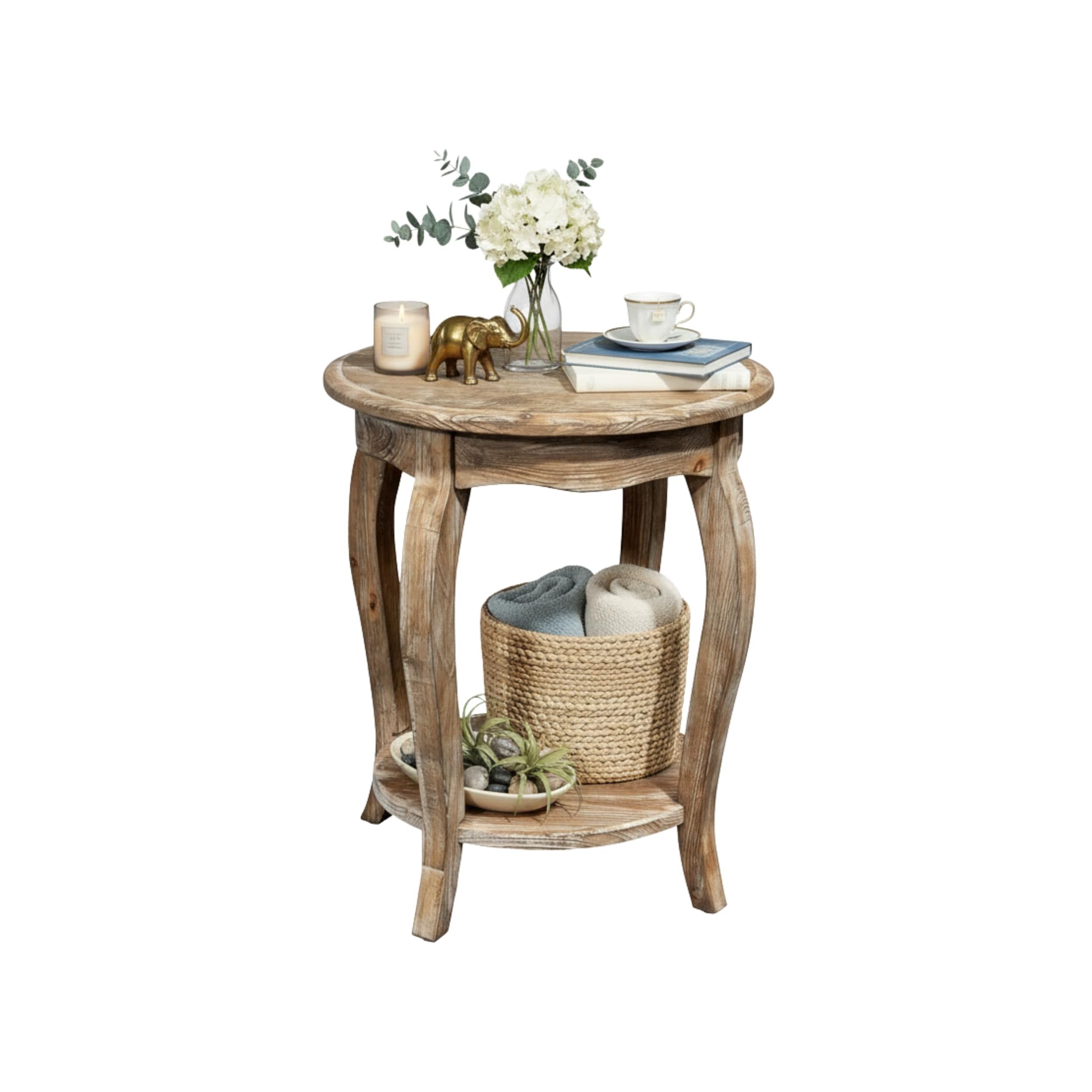 Austerity 20-Inch Rustic Round End Table with Curved Legs, Scalloped Edges, and Lower Shelf in Driftwood Finish, Natural and White Textured Antique