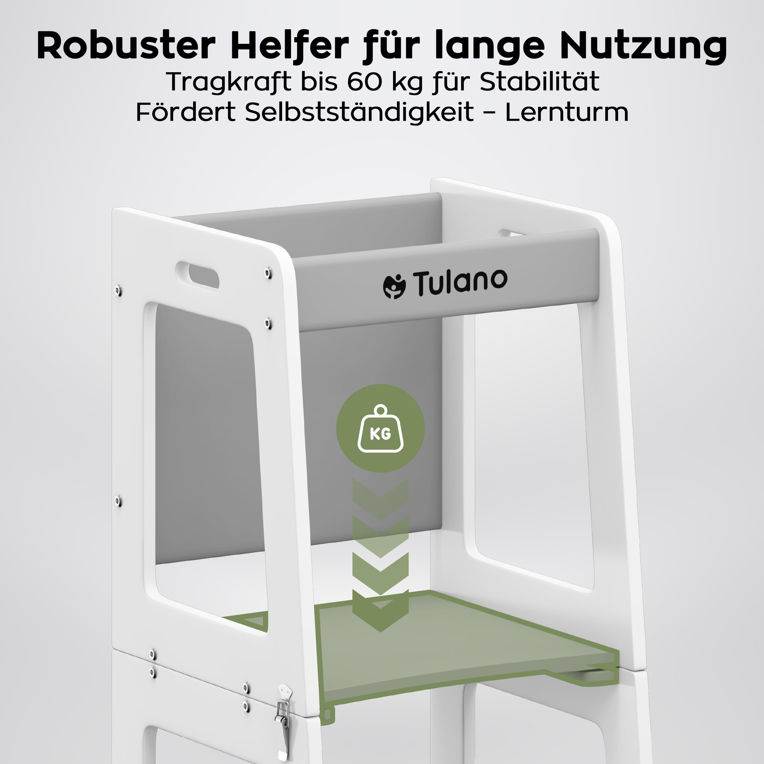 Tulano Mooby 35 Lernturm 3 in 1 für Kinder ab 1 Jahr - Stabil bis 60kg | Montessori Kitchen Helper umbaubar zu Tisch mit Stuhl & Maltafel - Kindermöbel aus MDF - Tritthocker Küche - Grau
