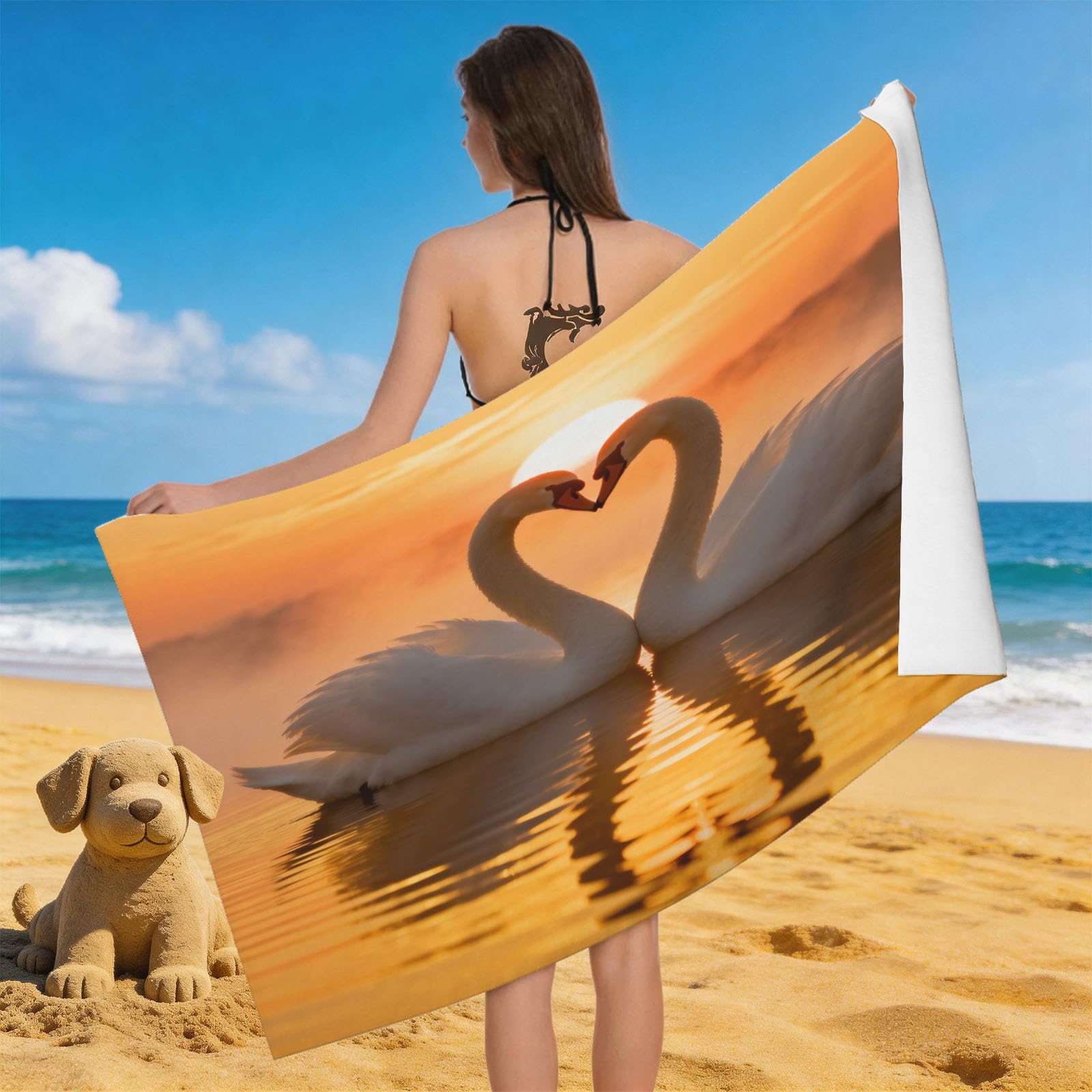 Leichong 3D Swan Beach Towel Microfiber Soft Quick Dry for Adults, Love Theme Bath Towel Lightweight Soft Absorbent for Travel Swimming Pool Sports, 75 x 150 cm