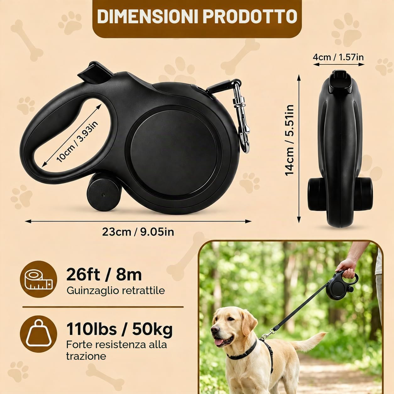 Guinzaglio Retrattile per Cani 8m, Guinzaglio Allungabile per Cani Medi e Grandi fino a 50 kg, Corda in Acciaio Resistente ai Morsi con Porta-Sacchetti, Impugnatura Ergonomica
