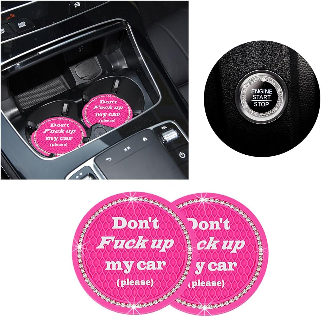 Ziciner 2 Pack Bling Car Cup Holder Coasters with Start Stop Button Cover, 2.75 inch Crystal Rhinestone Soft Rubber Auto Cup Insert Pad, Non-Slip Universal Vehicle Interior Accessories (Rose Red)