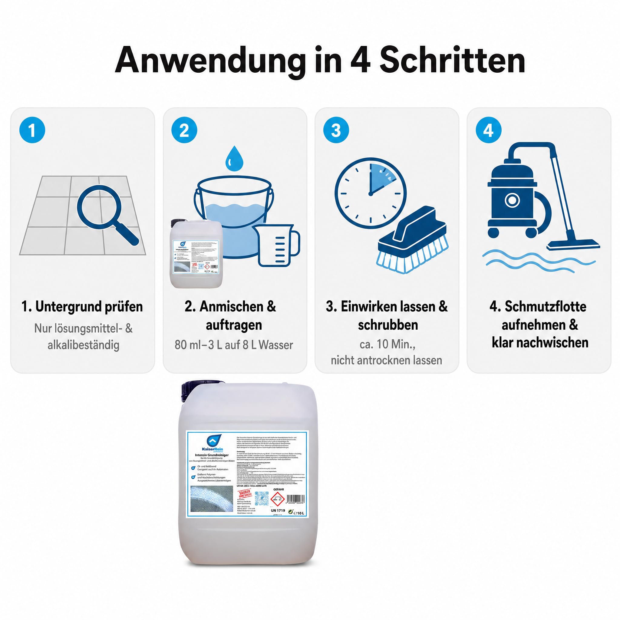 KaiserRein Grundreiniger Intensiv-Bodenreiniger Konzentrat, 10 L Kanister, entfernt Wachs/Polymer, öl- und fettlösend, für Fliesen, Stein, Laminat, Reinigungsautomaten, alkalischer Reiniger
