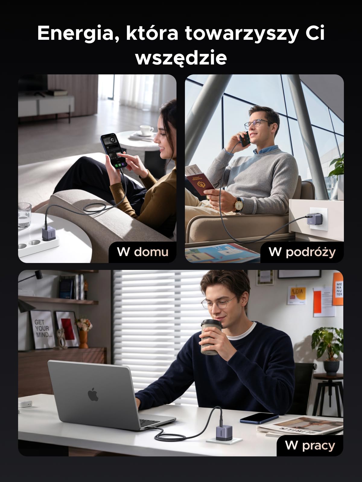 UGREEN Nexode Air 100 W USB-C ładowarka z kablem USB-C 1 m, 1 port USB-C | Ładowarka GaN z kablem ładującym, kompaktowa ładowarka do laptopów MacBook Pro, MacBook Air, iPhone, iPad Pro, Galaxy