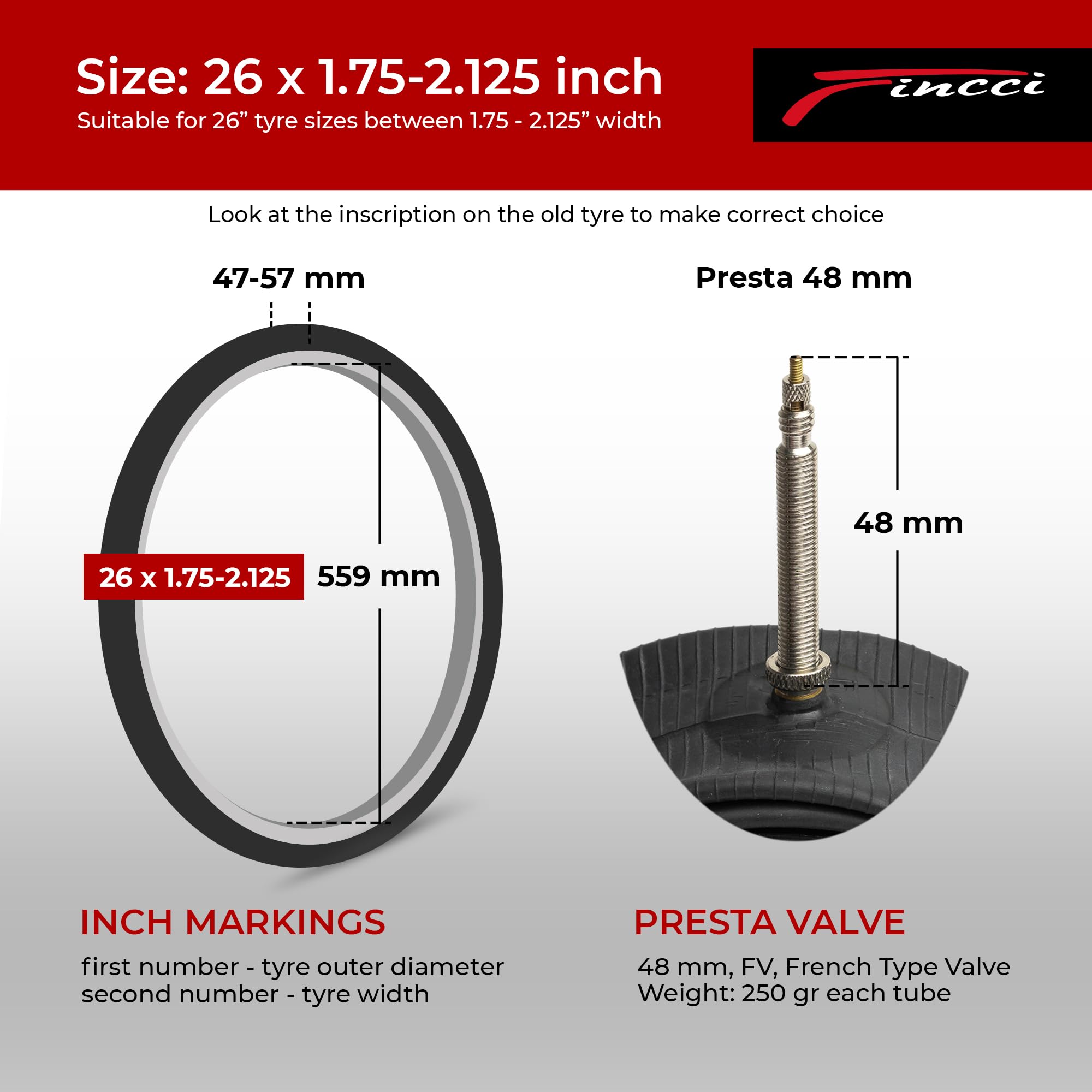 Fincci Pair Bike Inner Tube 26 x 1.75-2.125 Inch 48mm Presta Valve Inner Tubes for Mountain MTB Bicycle - Compatible Sizes: 1.75/1.85 1.95/2.0/2.10/2.125
