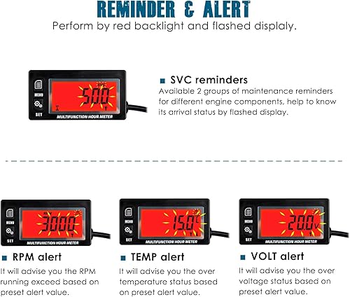 Miniatura 4 de Runleader Tacómetro digital de horas, medidor de temperatura del motor, pantalla de retroiluminación, pantalla LCD grande, batería reemplazable para