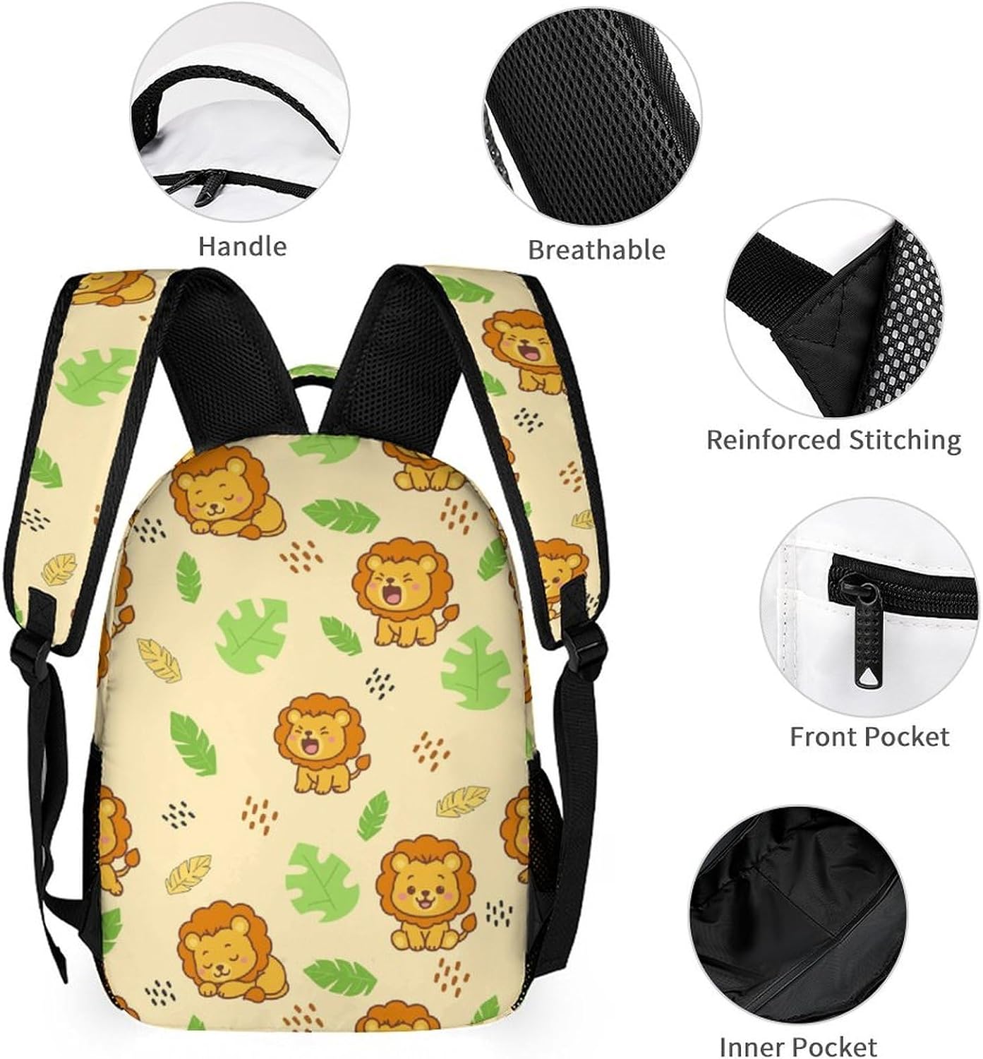 Cartoon Animals Pocket Backpack Set School Bookbag with Lunch Bag Lightweight Pencil Case Pouch Bag (Lion, One Size) image 3