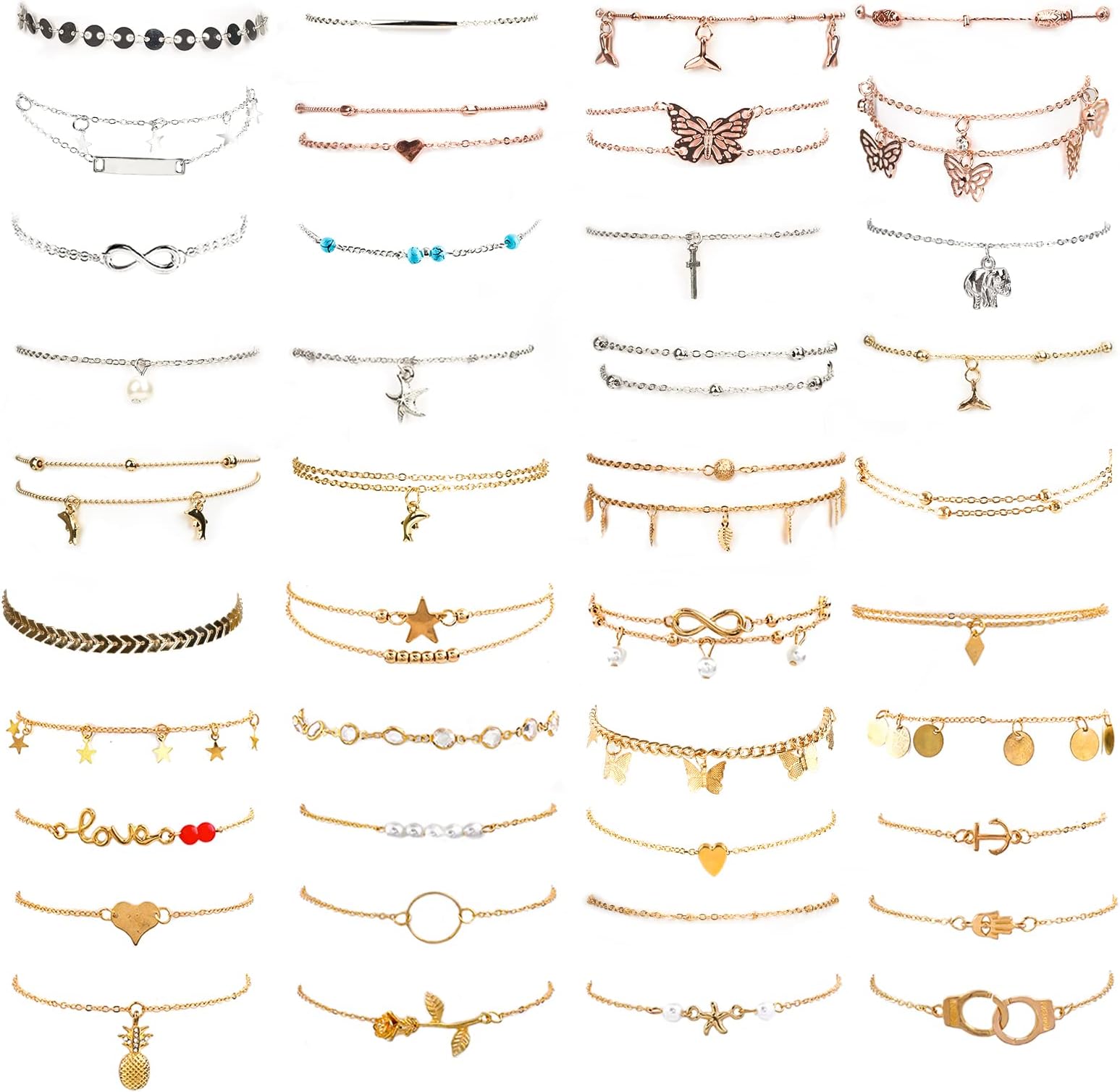 ESRICH30/40PCS Anklets for Women, Ankle Bracelets for Wemen with Gold Silver Rose Gold Three Style Anklets for Women Waterproof for Beach Jewelry Gifts Adjustable Size Beach Anklet Set