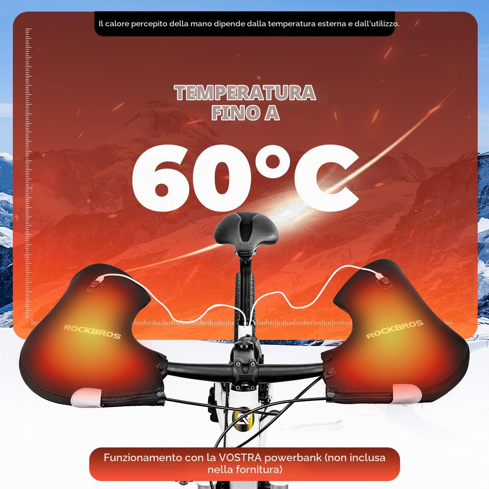 ROCKBROS Guanti Manubrio Bici, Guanti Termici Riscaldati, Guanti Invernali Moto, Guanti da Manubrio Impermeabili Antivento, Strisce Riflettenti, per Bicicletta, MTB, Uomo e Donna, Nero