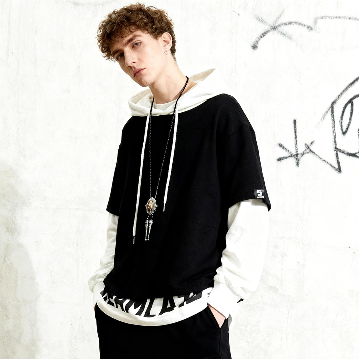 Mens Colorblock Hoodie Casual Patchwork Soft Cotton Pullover Letter Print japanese Hooded Sweatshirt with Design