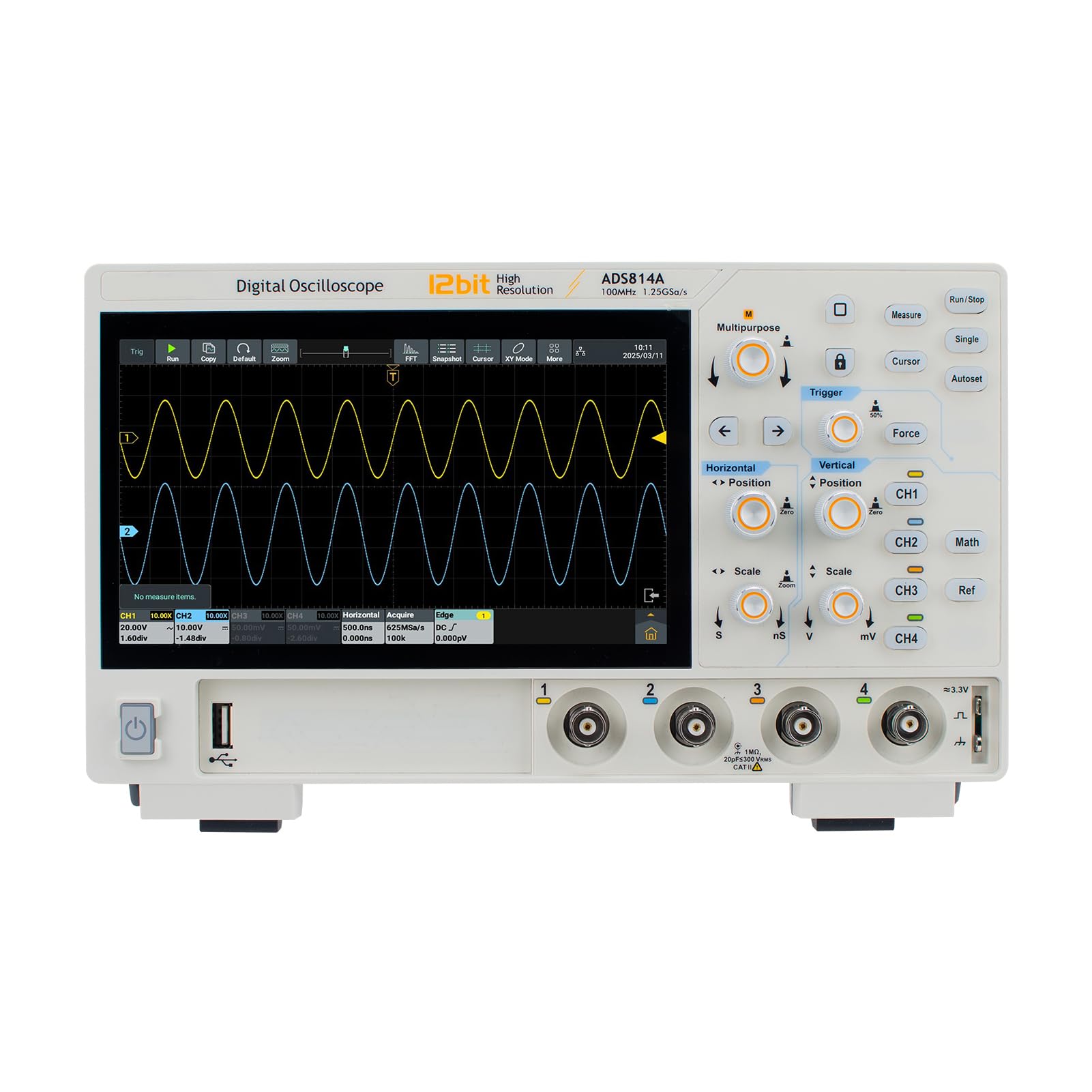 Weytoll 4-Kanal-Digitaloszilloskop (100 MHz), 12-Bit-Auflösung, 1,25 GSa/s Echtzeit-Abtastung, 7-Zoll-Multi-Touchscreen, 50 m Tiefe, 700.000 Wfms/s Erfassungsrate (EU-Stecker)