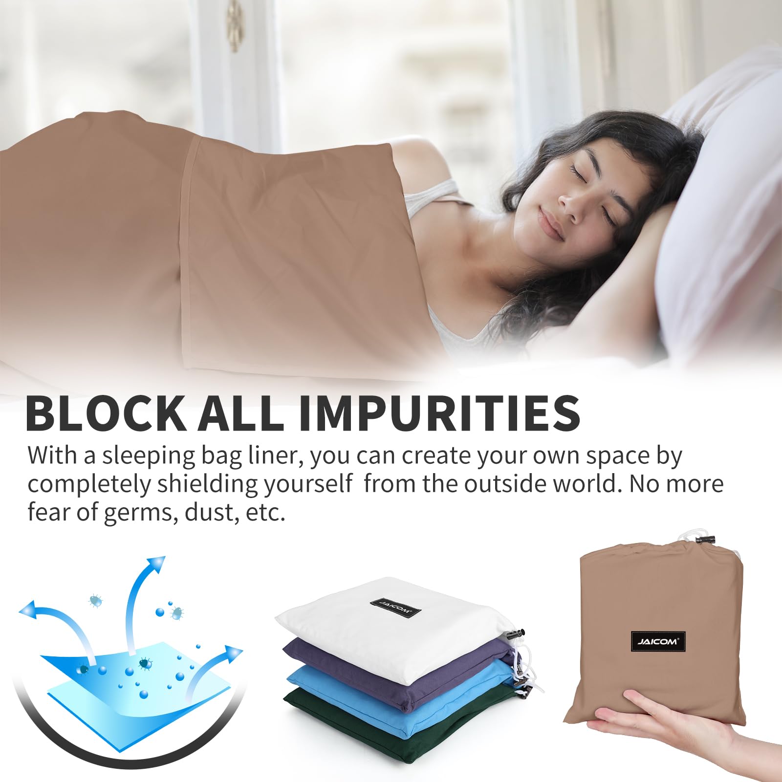 JAICOM Doublure de sac de couchage – Drap de voyage et sac de couchage pour adulte, drap de voyage léger pour camping, hôtel et auberge, extérieur