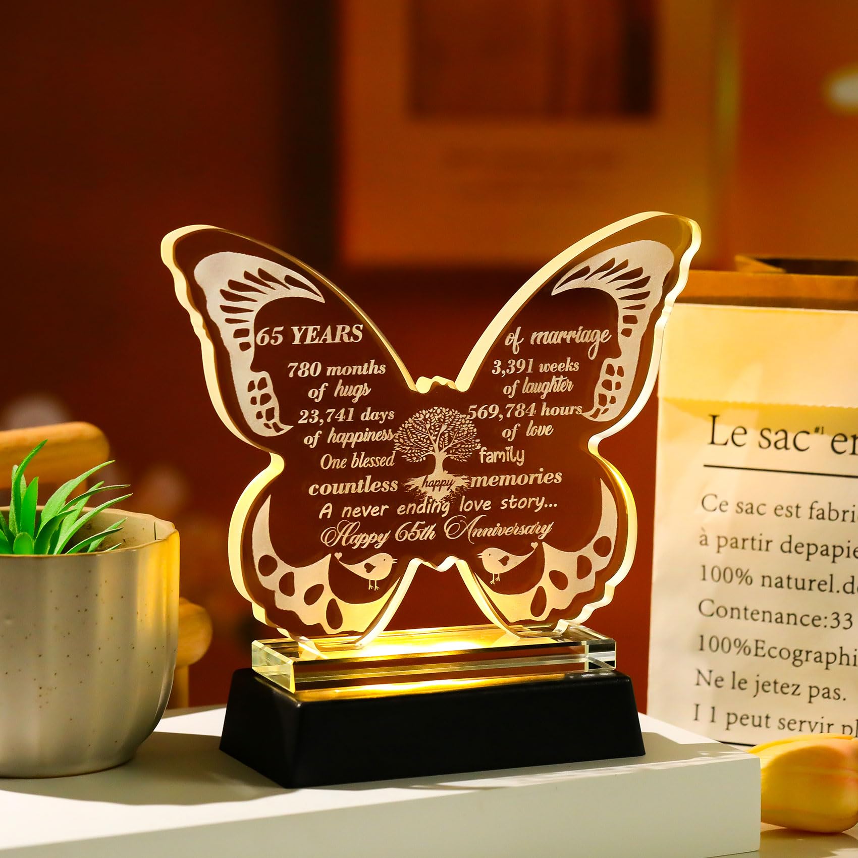 Ornalrist 65th Wedding Anniversary Romantic Gifts for Couples Wife 13.6cm Glass Butterfly-shaped 65 Years of Marriage Keepsake with LED Base Ideas Presents for Parents Friends - Image 4