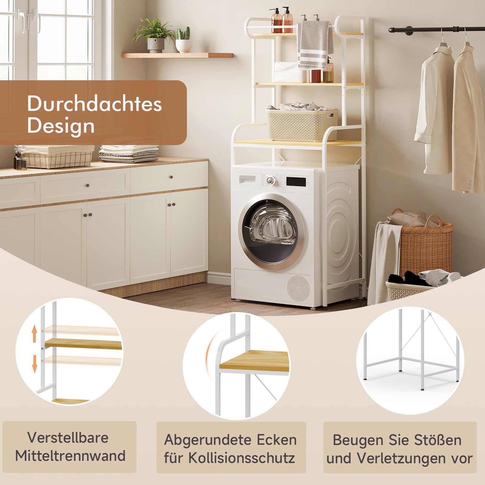 HAUSPROFI Waschmaschinenregal, Regal über Waschmaschin, Badezimmerregal mit Kleiderstange, Verstellbare Trennwände und Füße, Abgerundete Ecken, 70L x 50B x 180H cm (Weiß)