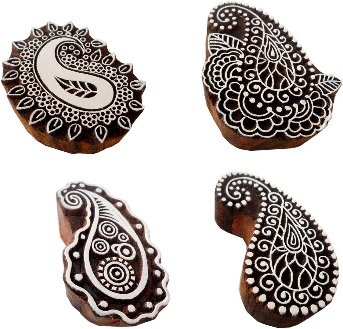 Craftsofindia® Lot of Four Exotic Paisley Design Wooden Block Stamps/Tattoo/Indian Textile Printing Blocks