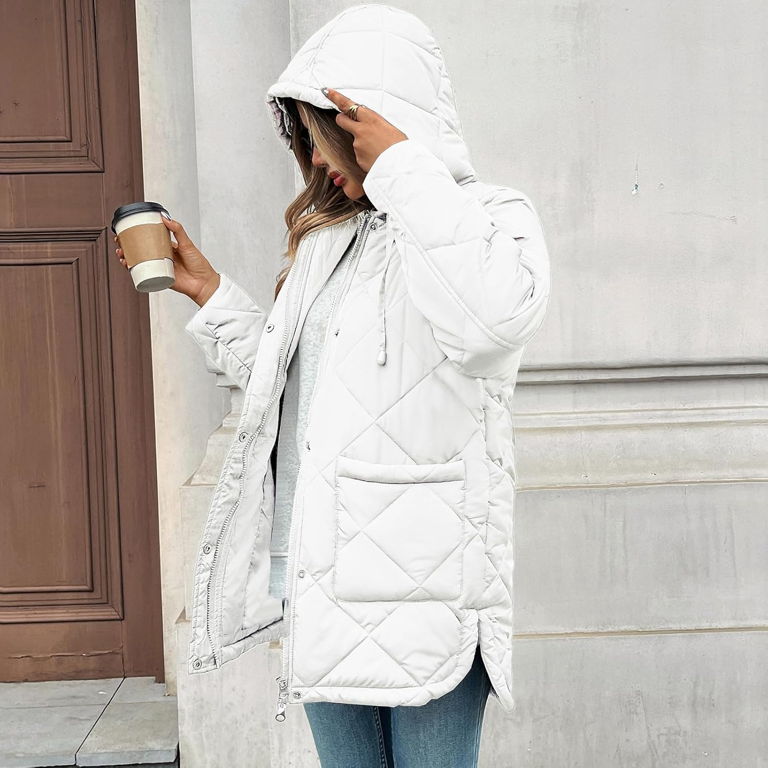 HOTIAN Womens Quilted Puffer Jackets Hooded Long Sleeve Full Zipper Casual Winter Lightweight Diamond Coats with Pockets - Image 5