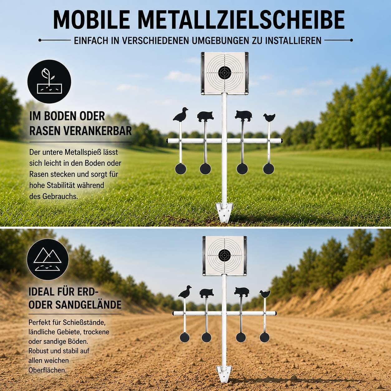 Metallziel mit 8 Drehzielen und Kugelfang 14x14 cm für Airsoft