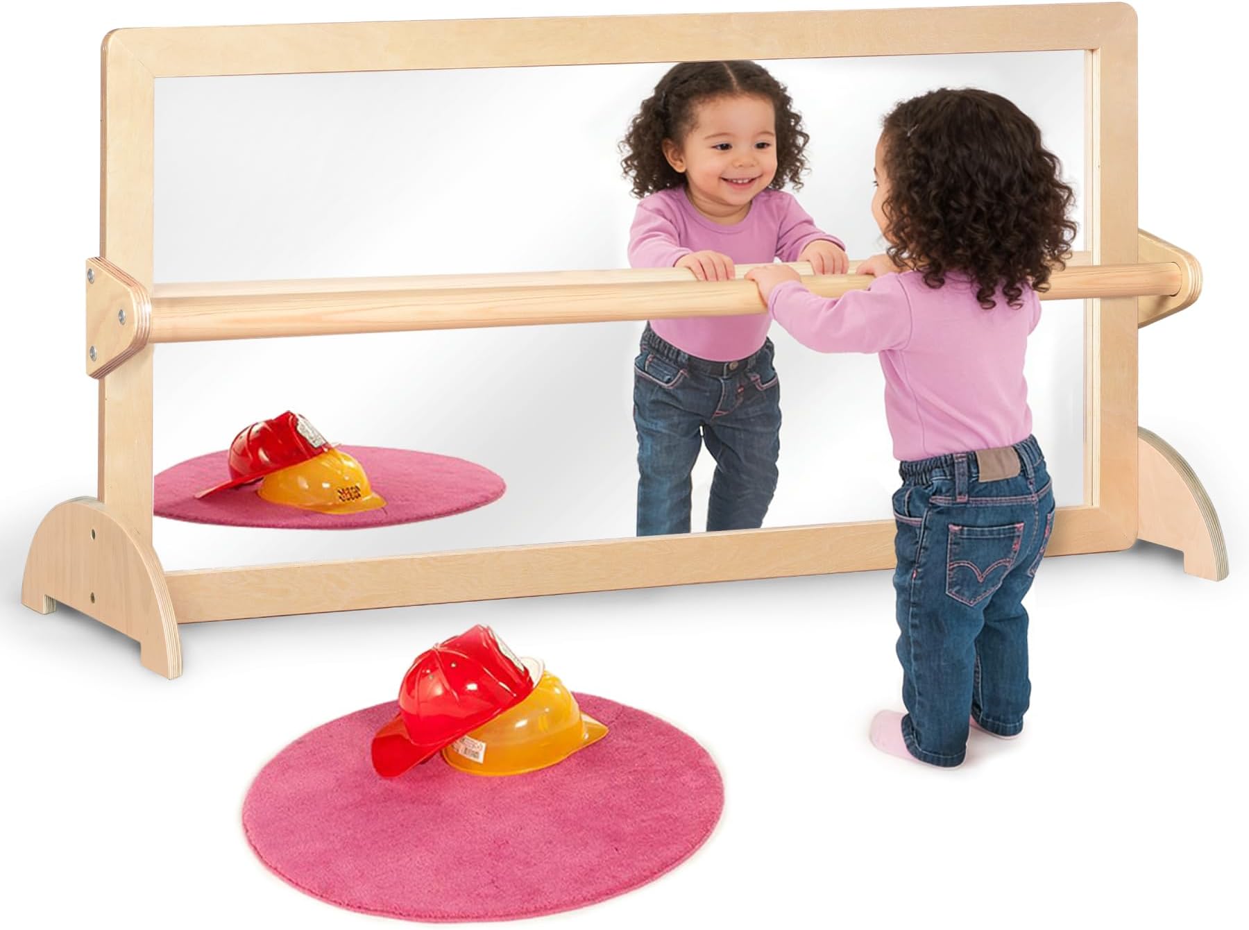 3-Position Montessori Wood Frame Non-Shatter Safety Pull Up Bar Baby Big Mirror Set, Infant Coordination Mirror, Kids Classroom Furniture for Daycare, Homeschool or Preschool