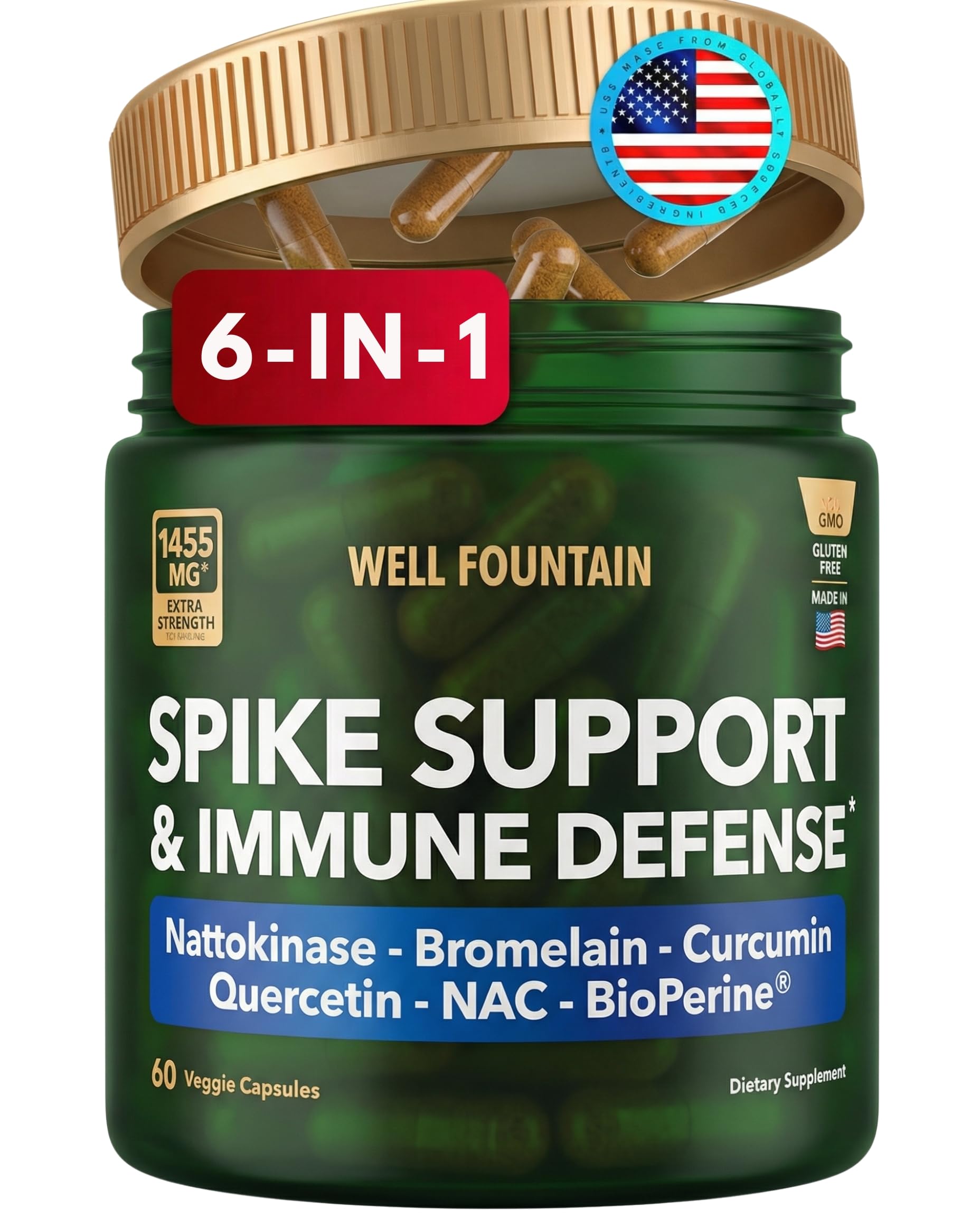 Nattokinase 4000 FU 6-in-1 Spike Protein Detox & Cleanse for Cardiovascular & Circulatory Health | Spike Protein Support NAC, Curcumin, BioPerine® & Quercetin with Bromelain Supplement 60 Count (Pack of 1)