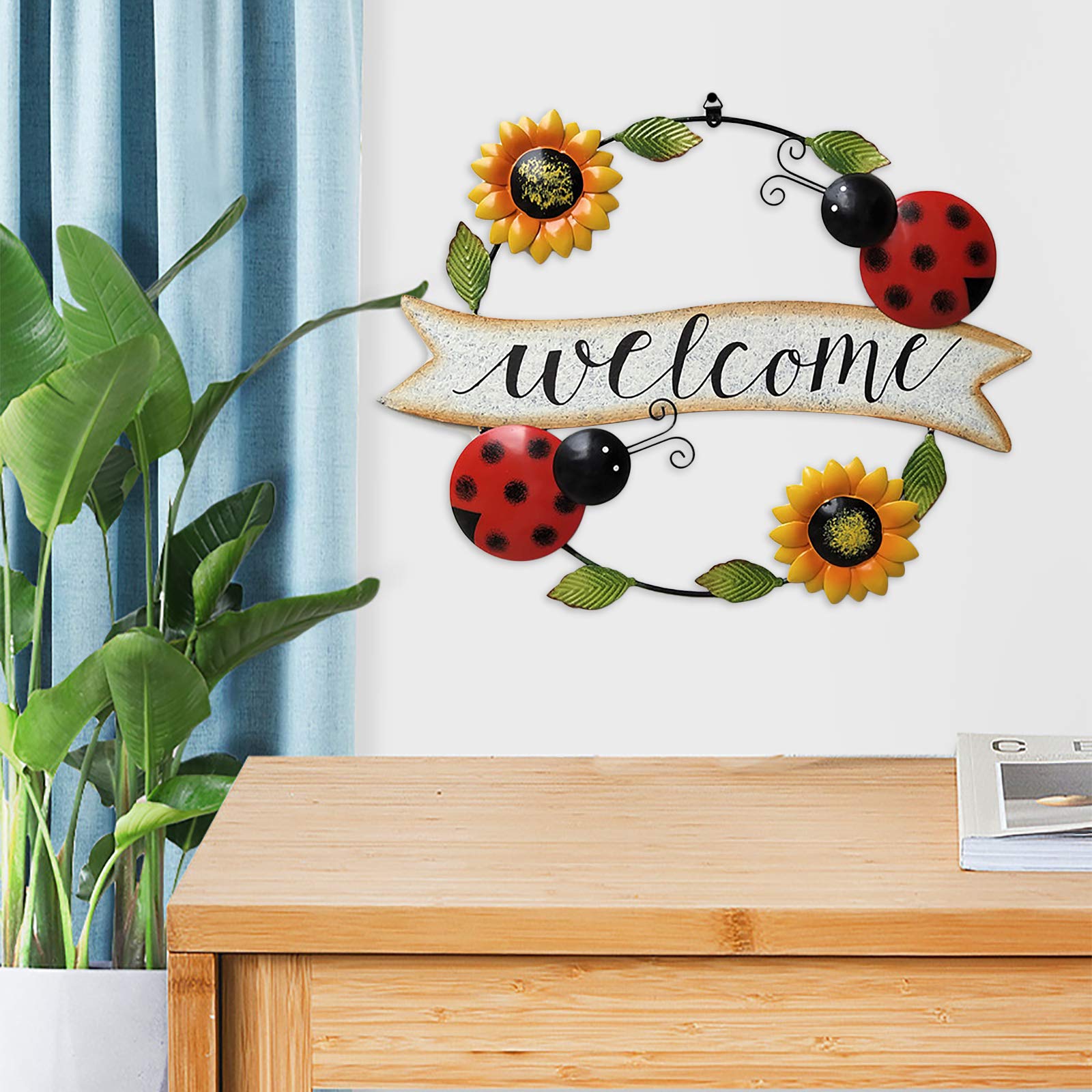 cartello di benvenuto da appendere in ferro da stiro, girasole scarabeo, cartello di benvenuto, decorazione da parete per la porta d'ingresso, per interni ed esterni, casa giardino