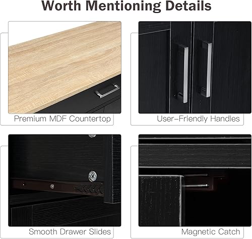 Miniatura 8 de HAPPYGRILL Carrito con ruedas para isla de cocina, carrito de almacenamiento de cocina con estante ajustable, cajón, estante para especias, toallero