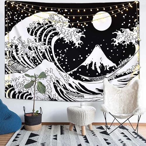 Miniatura 5 de Cestbin Kanagawa - Tapiz japonés de olas del océano, tapiz de la gran ola con tapices de luna, tapiz grande blanco y negro para sala de estar,