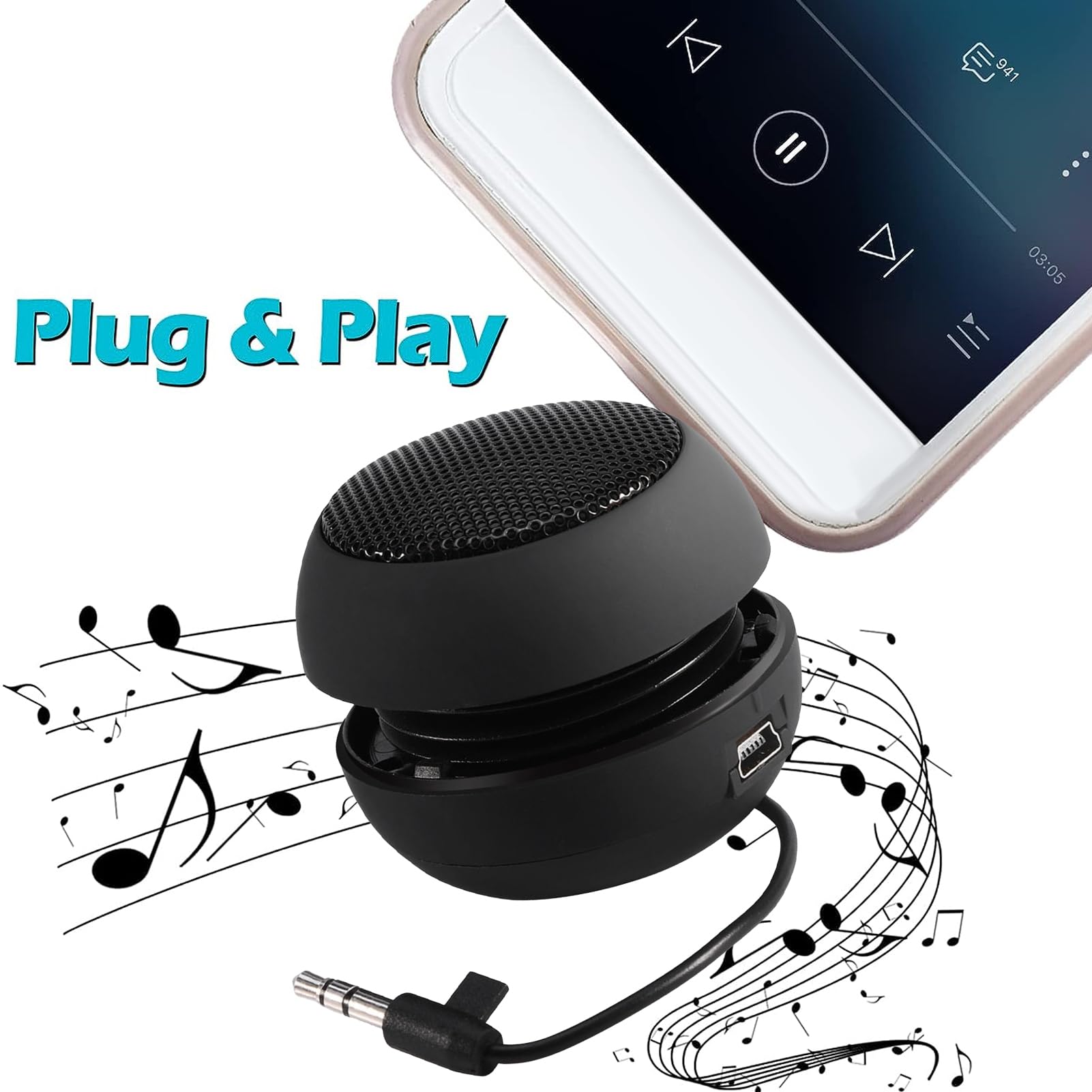Mini altoparlante da viaggio retrattile da 3,5 mm, con cavo USB per MP3, telefoni cellulari, PC, ecc. (nero)