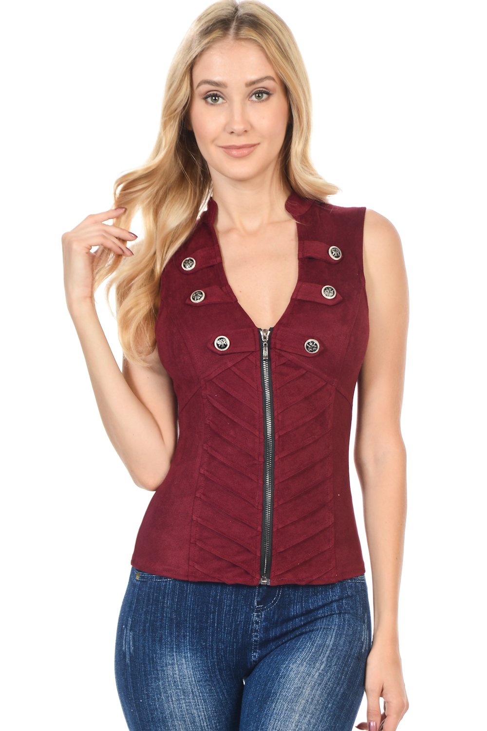 Sexy Suede Spandex Military Look Club Wear Rave Vest Jacket Top (L3615)