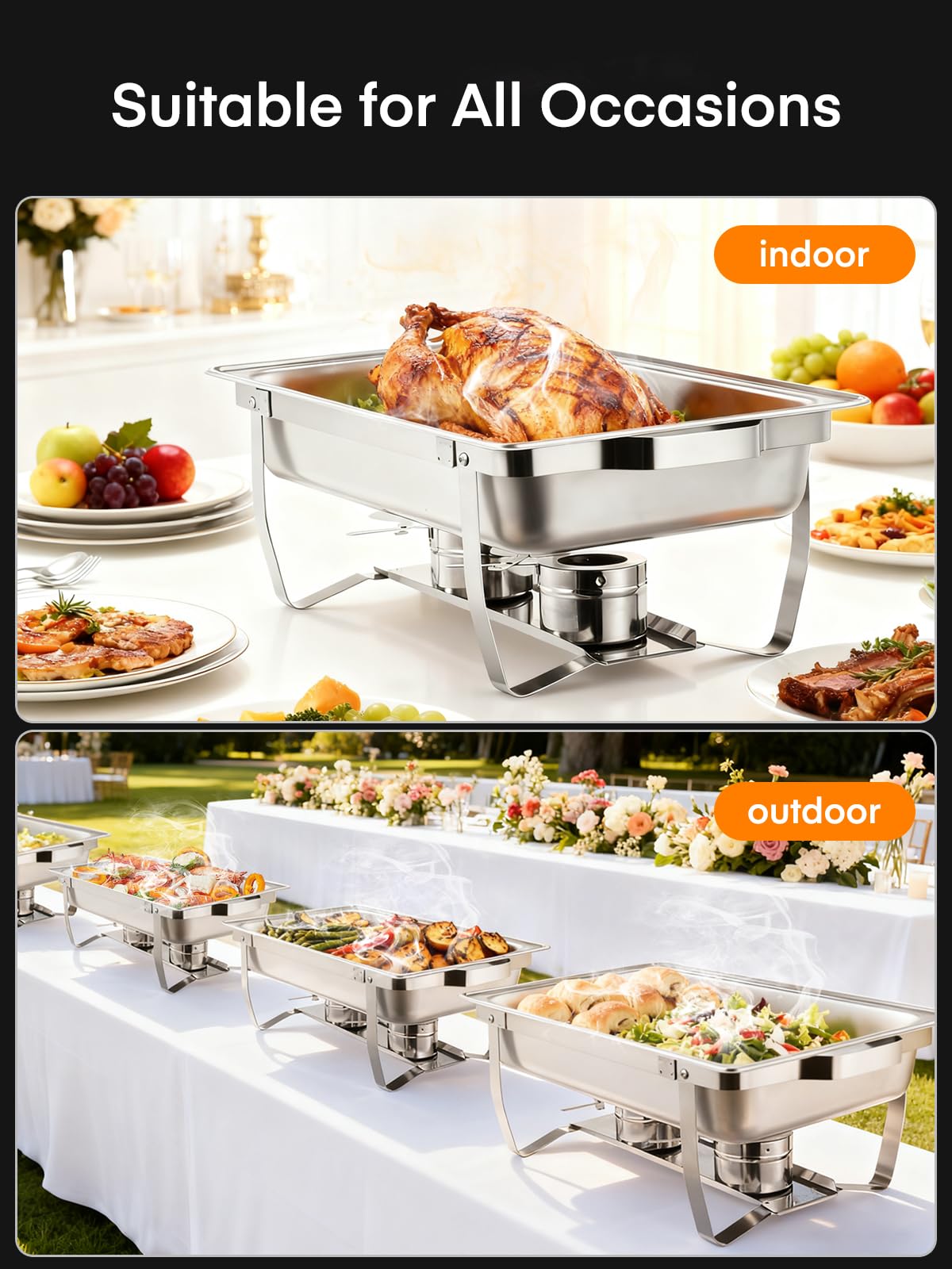 Chafing Dish Buffet Set 4pcs Edelstahl Warmhaltebehälter, 9L Speisewärmer, Wärmebehälter Rechaud, Buffet Wärmer für Catering Party(2X GN-Behälter 1/1, 2X GN-Behälter 1/2 und 4X GN-Behälter 1/4)