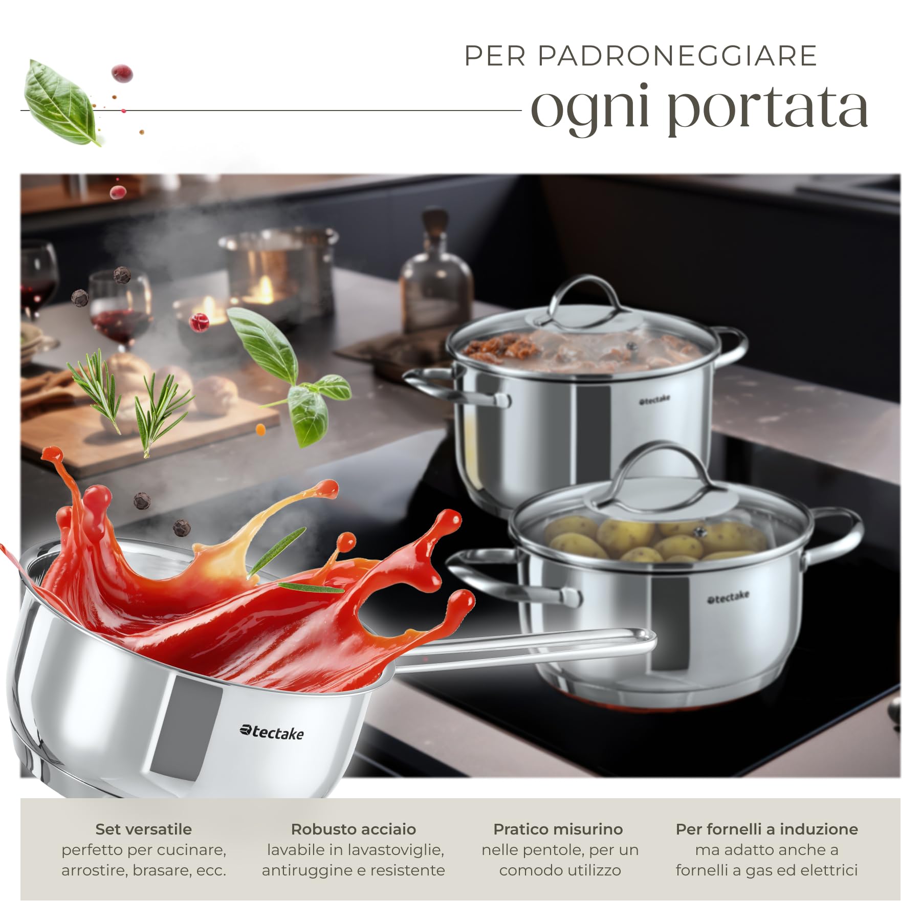 tectake® Set di Pentole, 7 Pezzi, Acciaio Inossidabile di Alta Qualità, Adatto a Induzione, Gas, Elettrico, 3 Pentole con Coperchio e Casseruola con Manico, Lavabili in Lavastoviglie
