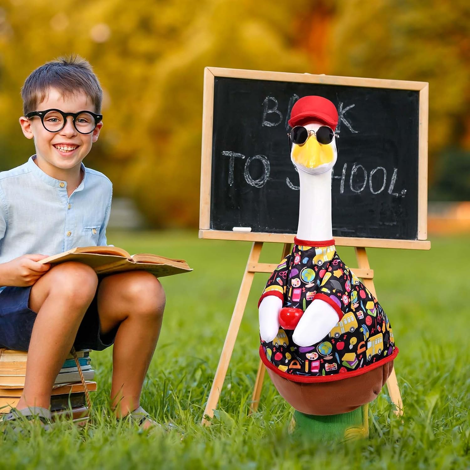 Back to School Porch Goose Outfits, 23" Cement Goose Statue Clothes with Red Hat, Sunglasses & Apple, Patio Goose Decor, Lawn Goose Outfit