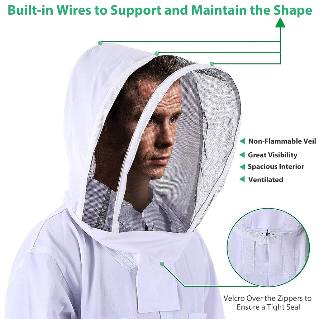 HASTHIP® Bee Suit with Protective Mesh Face Cover Hood Zip Up Long Sleeve Jumpsuit Breathable Outdoor Summer Bee Suit for 175-185cm Height Adult - Image 3 thumbnail