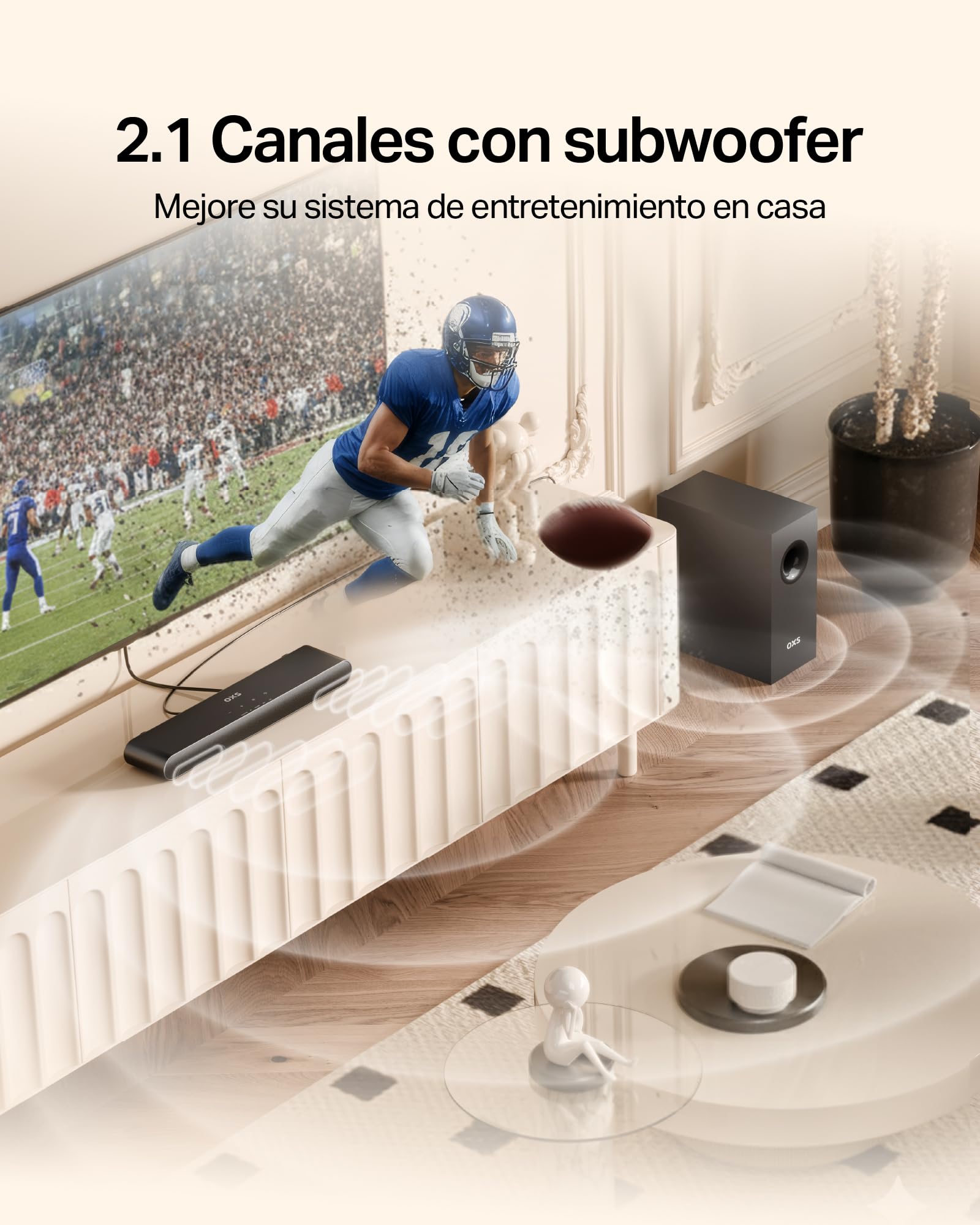 OXS S21 Barra de Sonido, 2.1 con subwoofer, Sonido Preciso con Graves Profundos, 180 W, 3 Modos de Ecualización, Ideal para Películas, Música y Juegos, Diseño Ultra Compacto, Fácil instalación