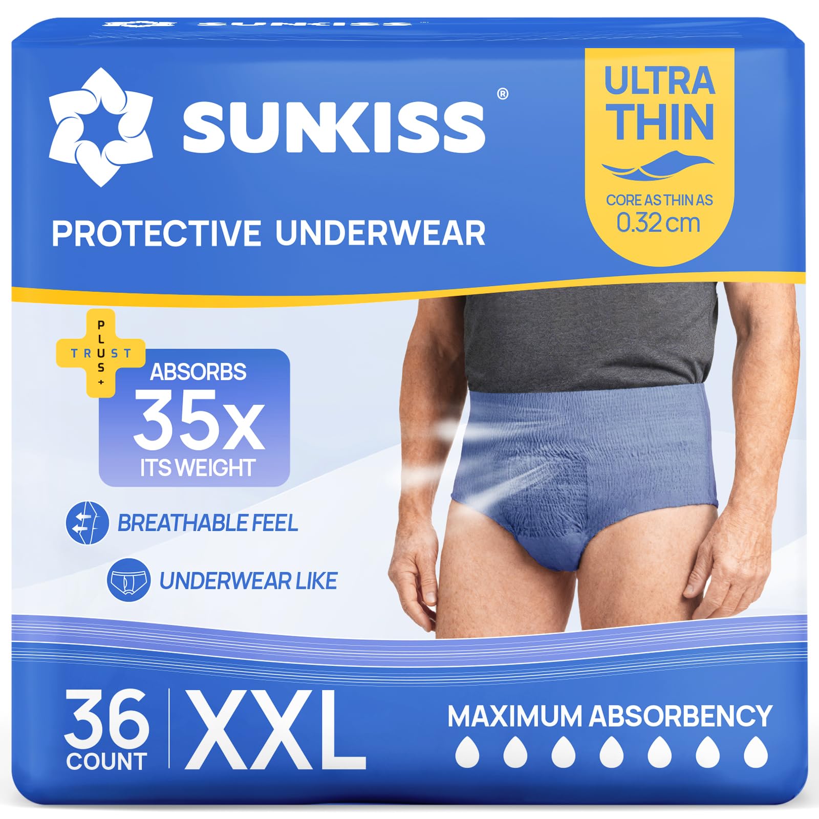 SUNKISS Inkontinenz Pants für Männer, Ultra Dünn & Schnell Absorbierende Windelhosen für Erwachsene, Diskret, Blau, Größe XXL, 36 Stück 1er Pack
