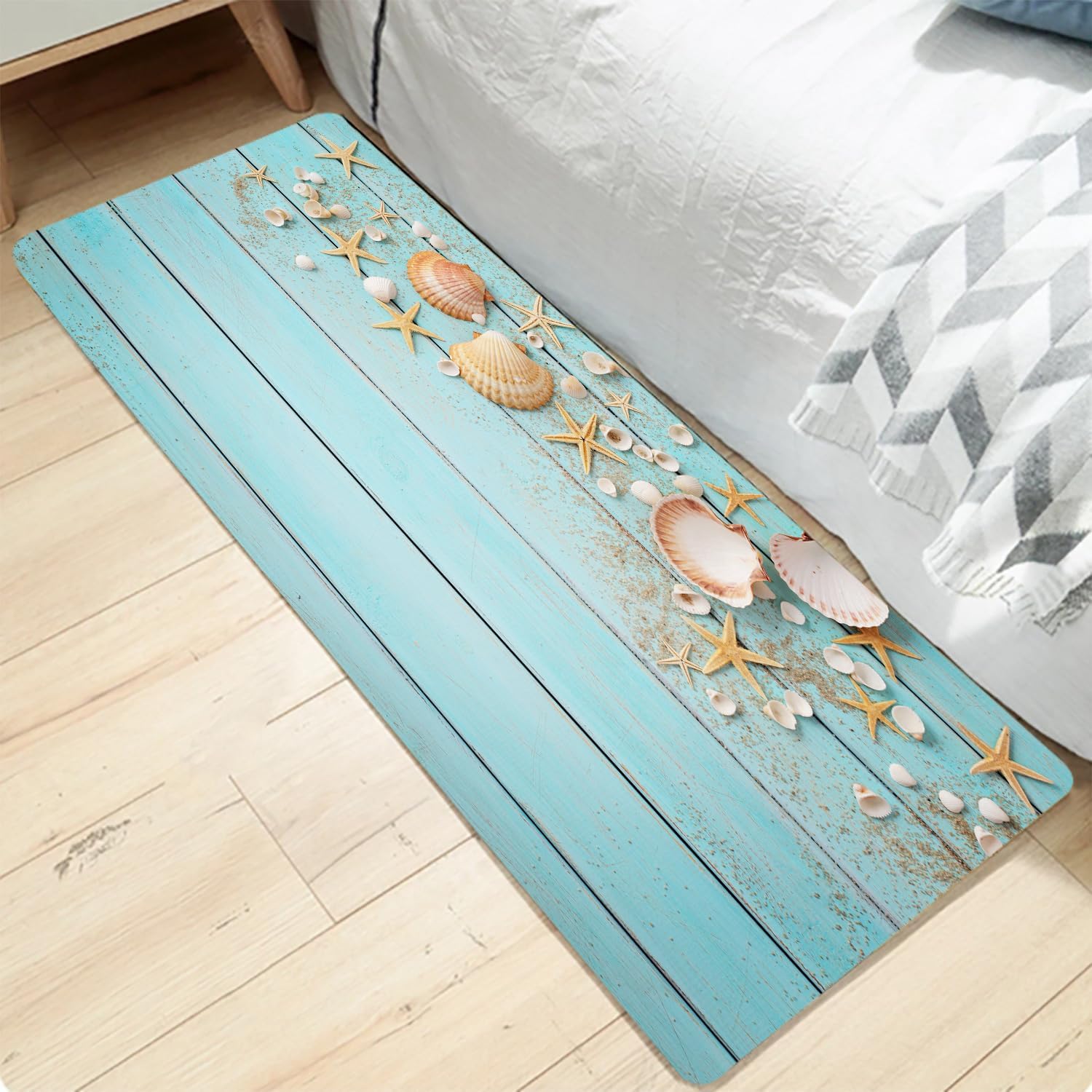 LYFANS Memory Foam Bath Mat, Non Slip Absorbent Flannel Bathroom Rug, (18" X 47") Soft Washable Shower Floor Mat with Coastal Seashell, Decorative Bath Rugs for Bathroom, Kitchen, Entryway, Bedroom