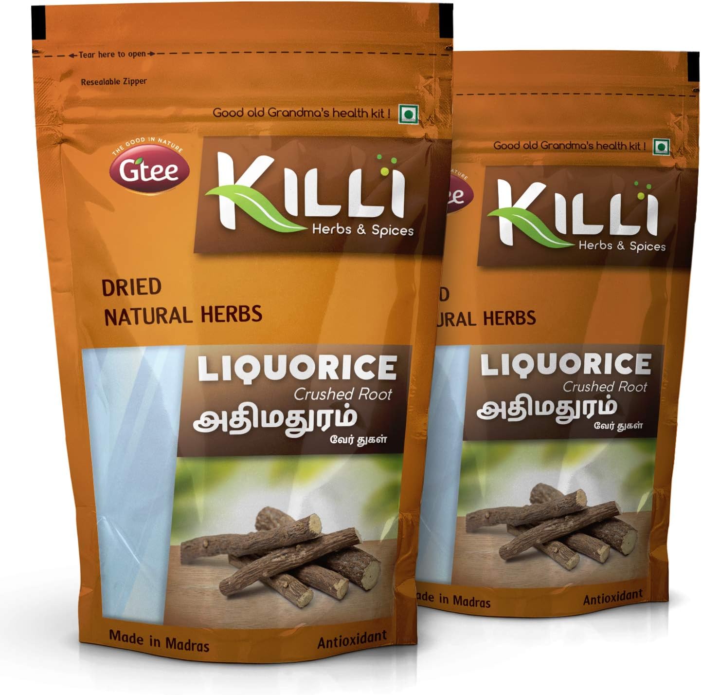 KILLI Liquorice | Adhimadhuram | Mulethi | Irattimadhuram | Yashtimadhu Root Crushed, 100g (Pack of 2)
