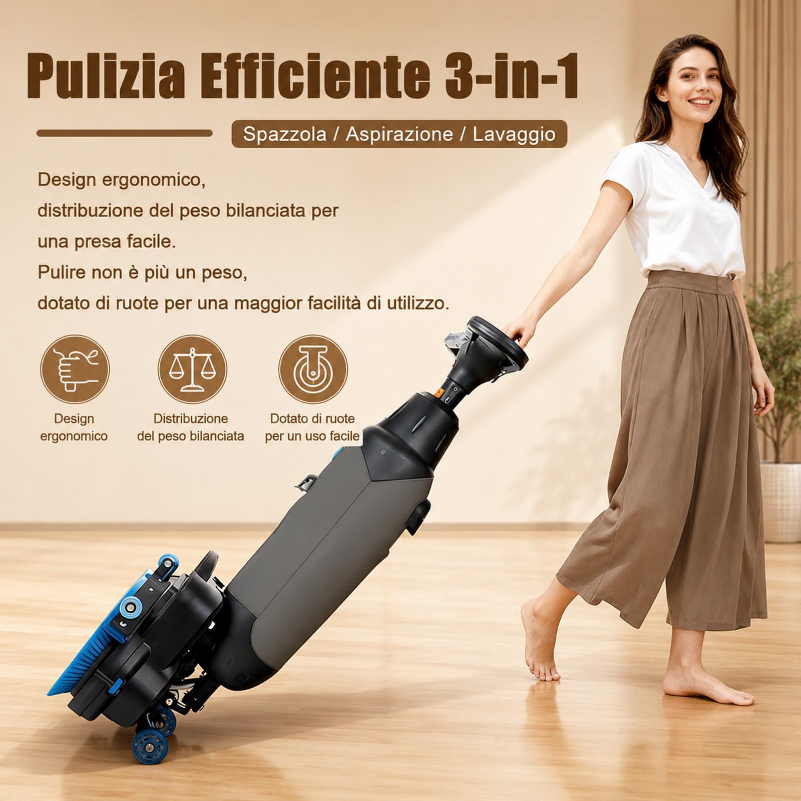 Lavasciuga Pavimenti Professionale Da 17", Pulizia a Umido e a Secco, 350 Giri/Min, Copertura 1200 M²/H, Batteria Al Litio Ricaricabile Senza Fili, Per Pavimenti in Legno, Piastrelle, Bianco-220V