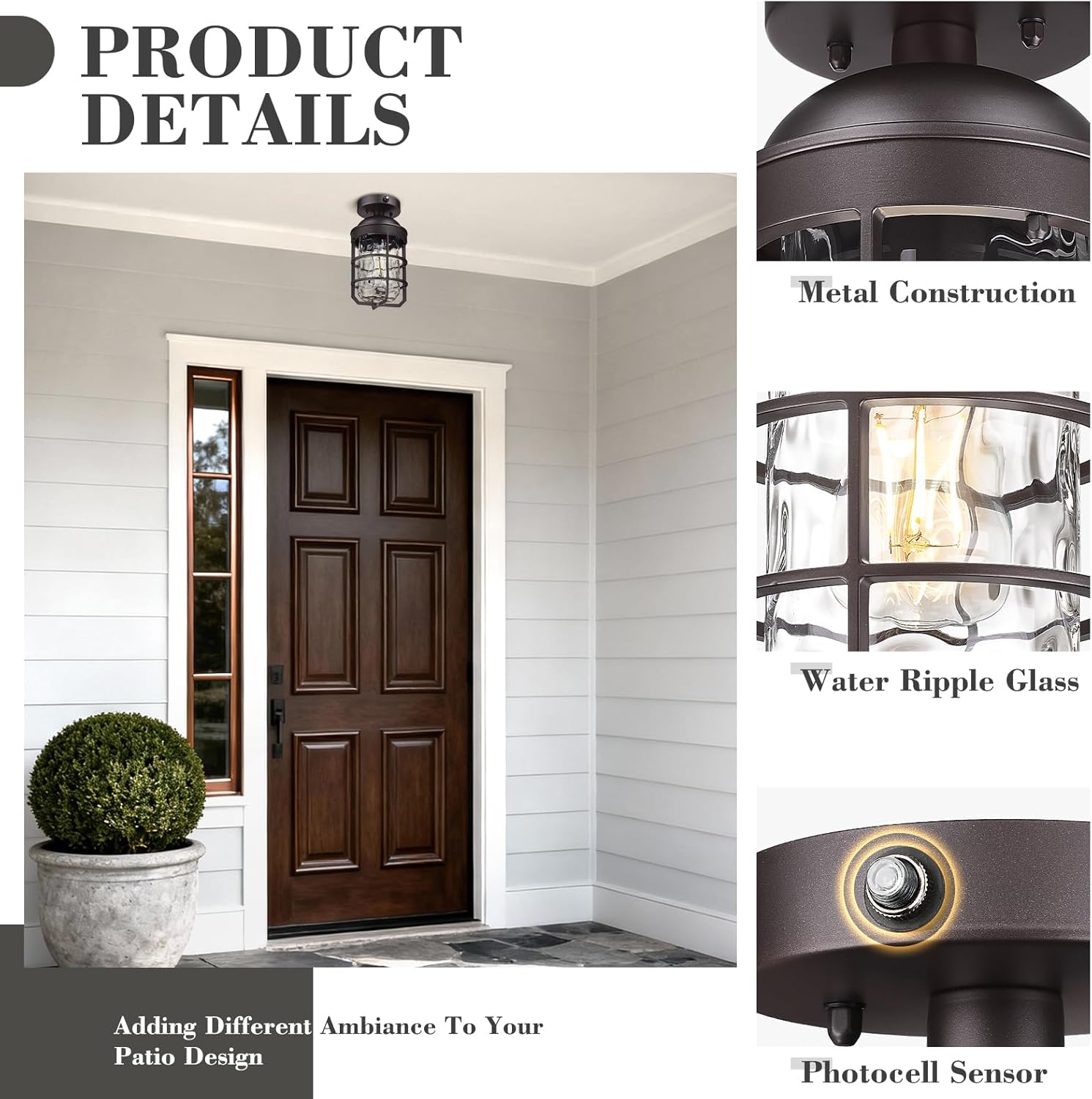 Emliviar Farmhouse Ceiling Lamp in Oil Rubbed Bronze Finish, Dusk to Dawn 11" Semi Flush Mount Ceiling Light Fixture with Water Ripple Glass Shade, GE255LF-PC ORB-WG