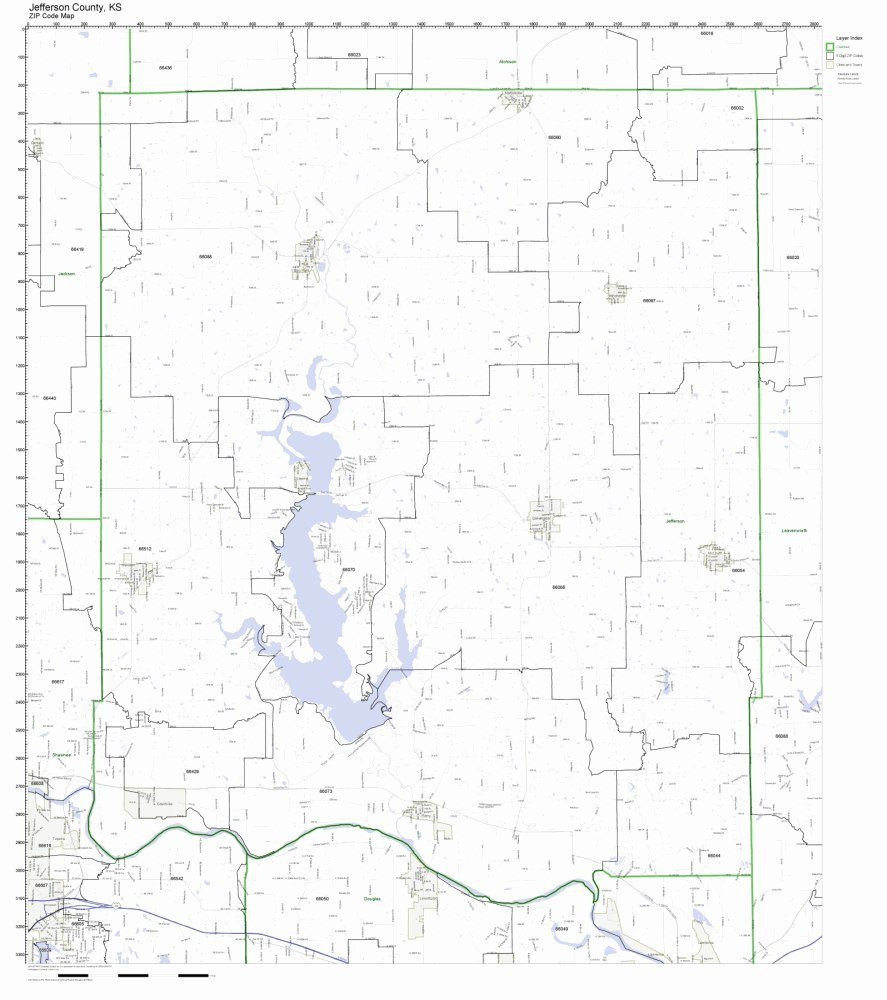 Jefferson County, Kansas KS ZIP Code Map Not Laminated