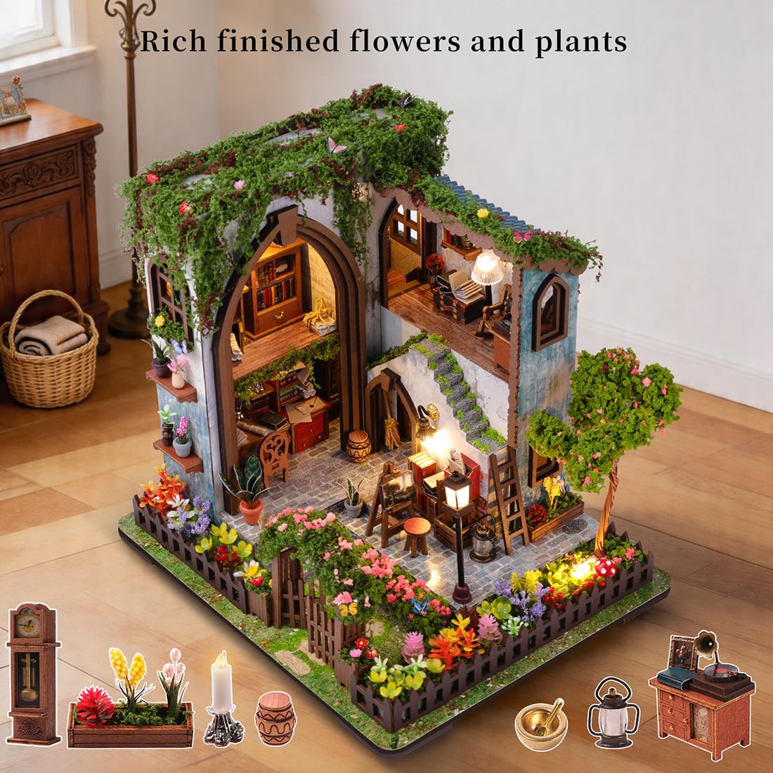 Puppenhaus DIY Miniatur Holzhaus mit LED-Beleuchtung, Holz 3D Puzzle Bücherregal，Kreatives Bastelset Kreative Dekofigur (mit Staubschutzkappe)