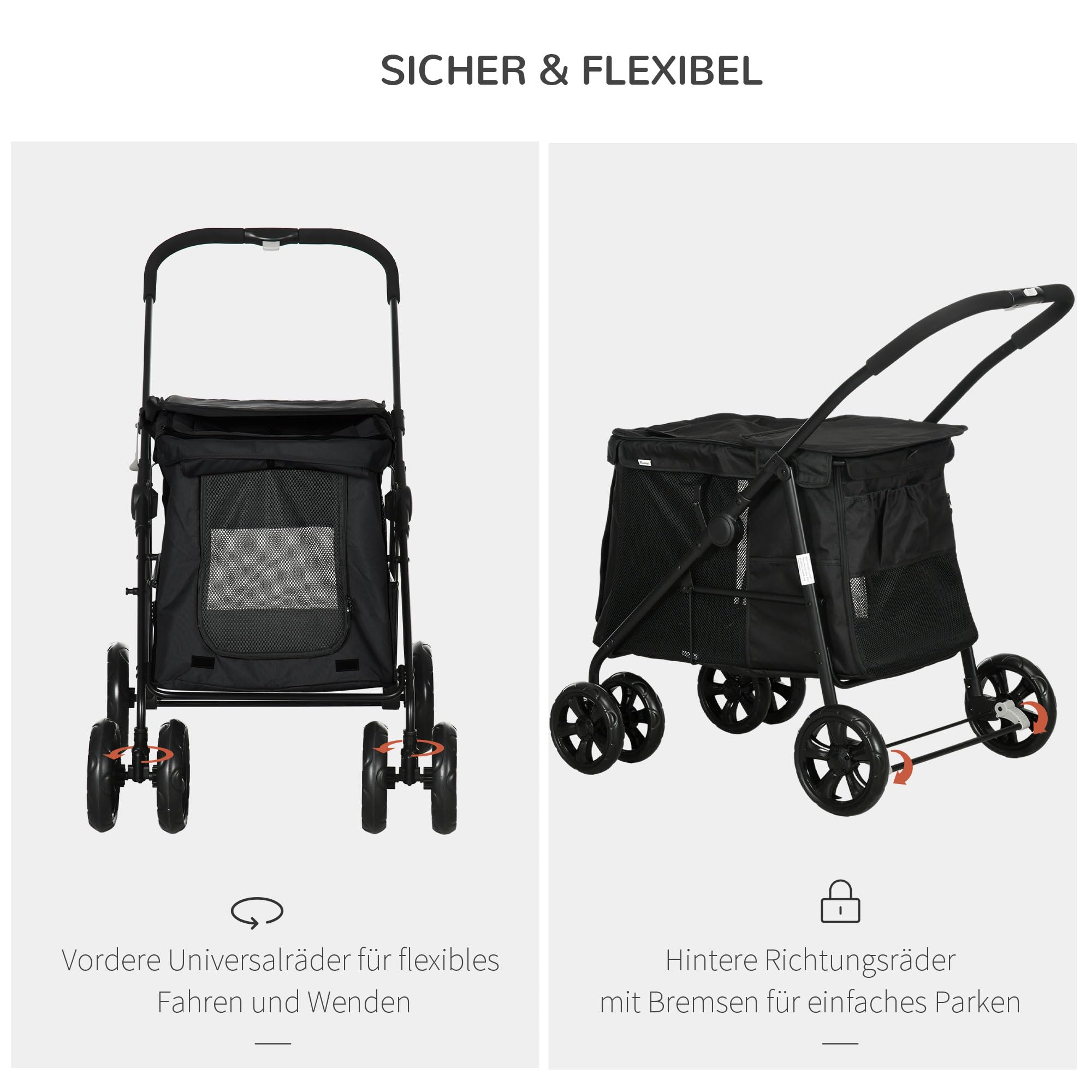 PawHut Hundewagen, faltbarer Hundebuggy, Hundetrolley mit Kissen, Katzenbuggy bis 20 kg, Katzenwagen für kleine und mittelgroße Hunde mit Seitentaschen, Netzfenster, Oxford-Gewebe, Schwarz