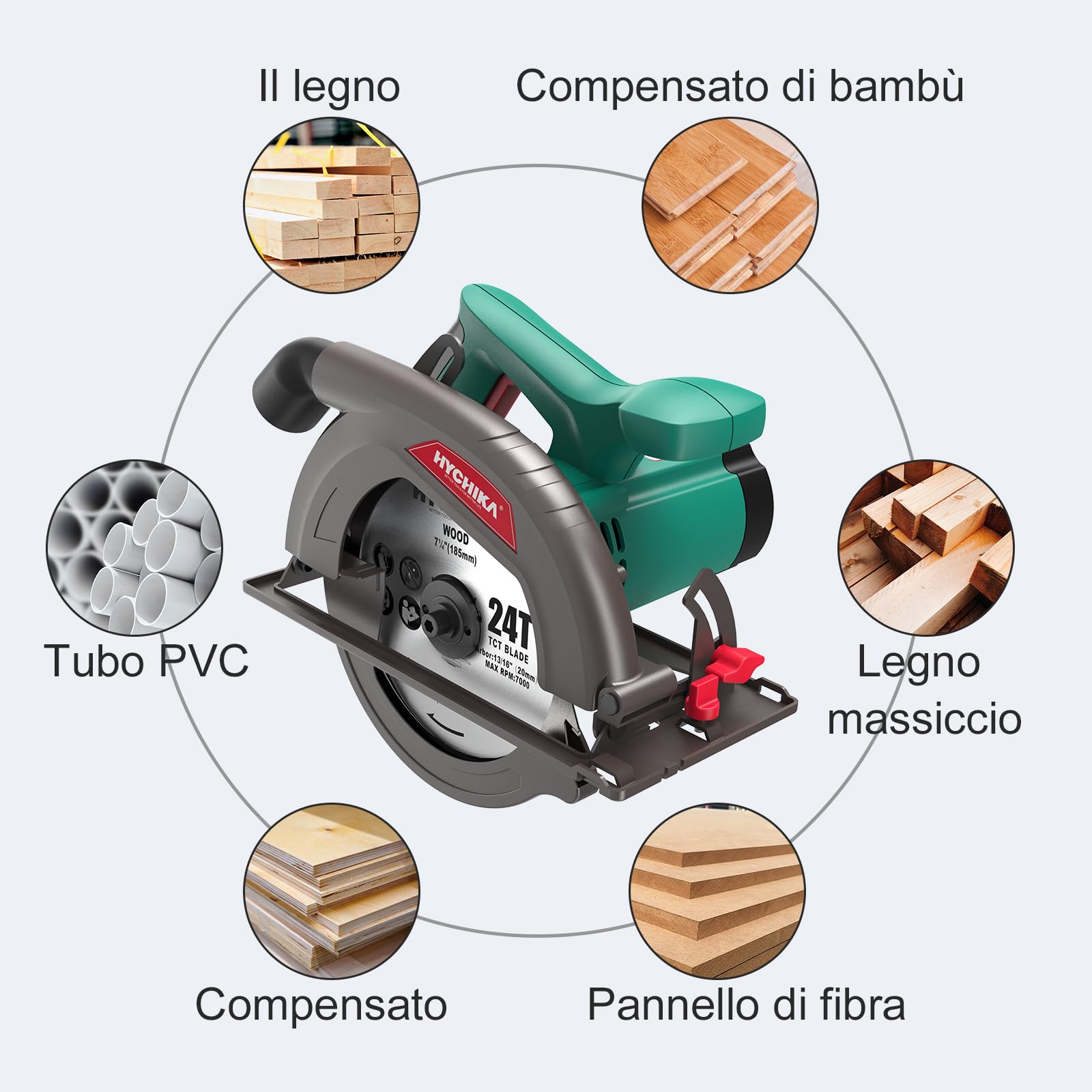 HYCHIKA Sega Circolare, 1300W 4500RPM 185mm Sega Legno Circolare, Motore ad alta Potenza, Profondità di taglio 65 mm (90º), 45 mm (45º), Interruttore di Sicurezza, Aspirazione della Polvere